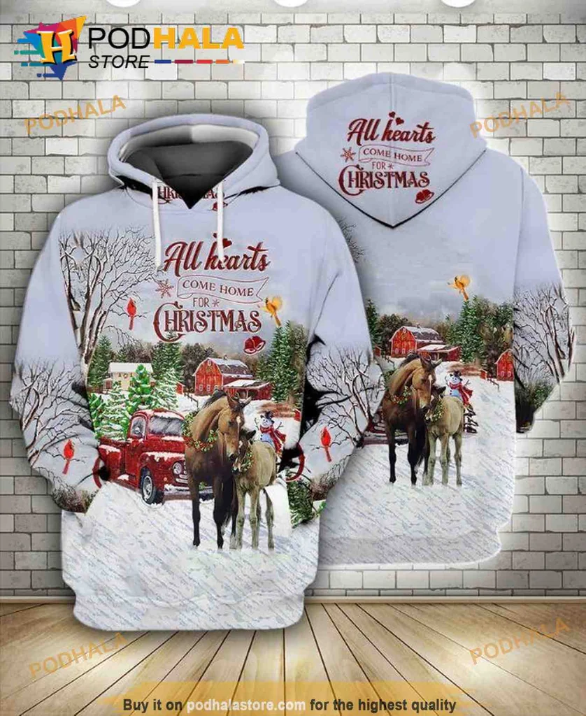 Vintage Horses Christmas 3d Hoodie Featuring Cozy Cabin And Winter Scene