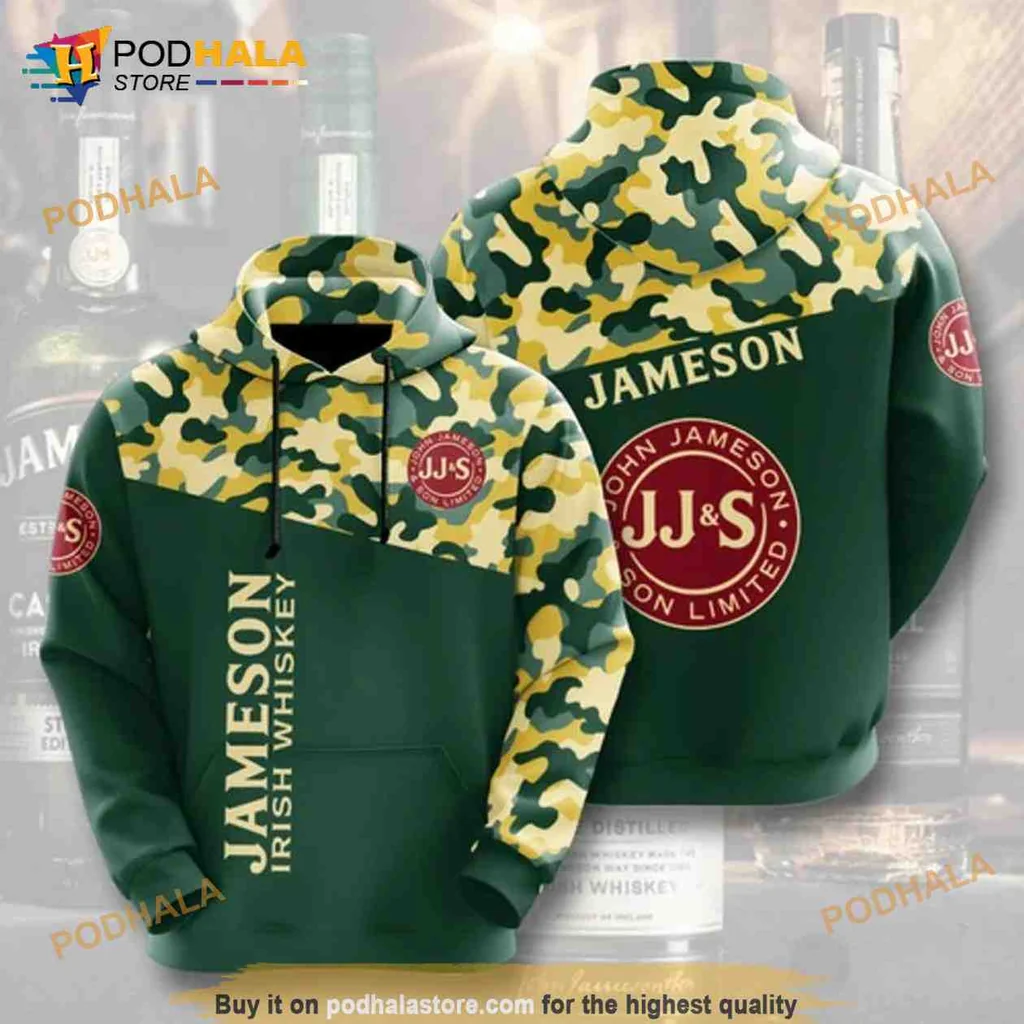 Vintage Jameson Irish Whiskey Camo 3d Hoodie Featuring Bold Text Design