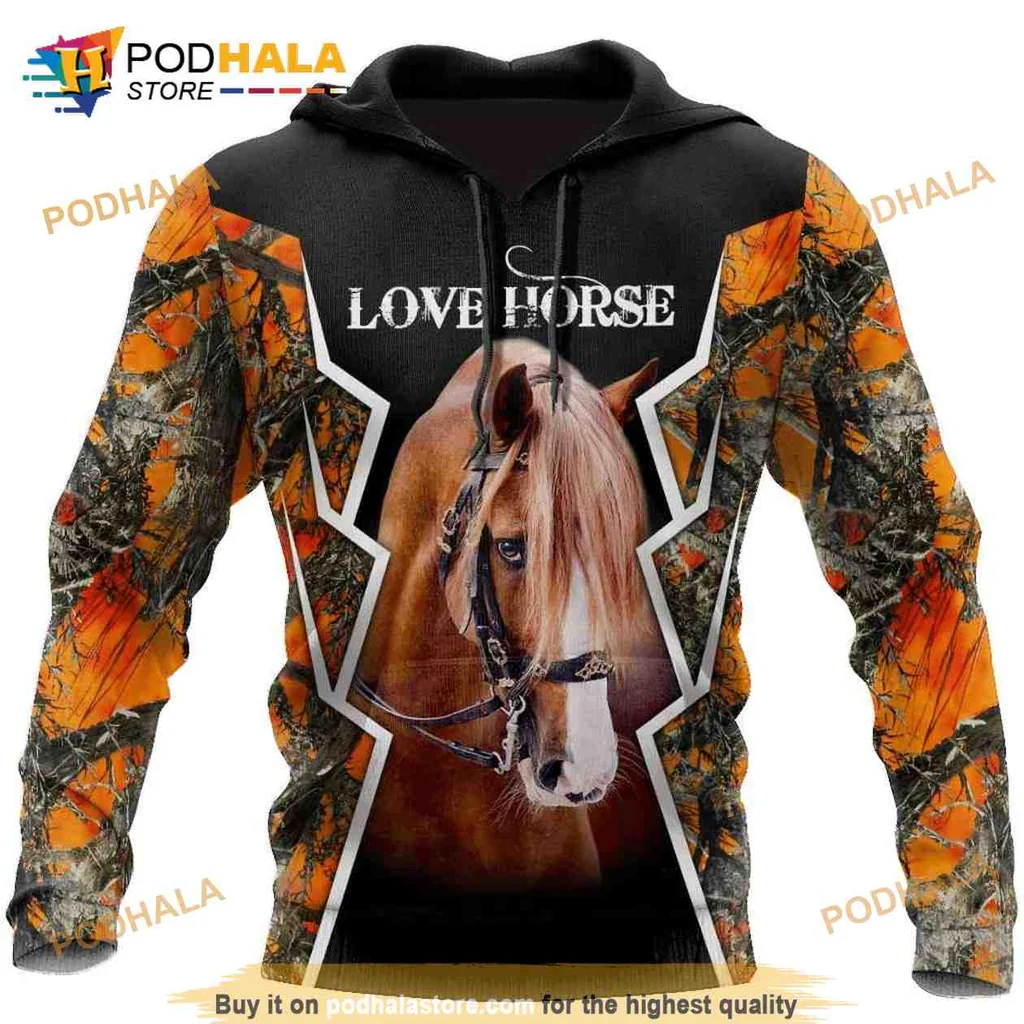 Vintage Love Horse Camouflage 3d Hoodie With Detailed Horse Head Design