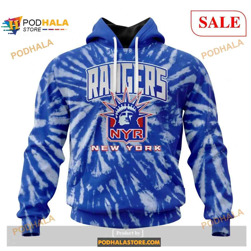 Vintage New York Rangers Tie Dye Hoodie With Statue Of Liberty Design