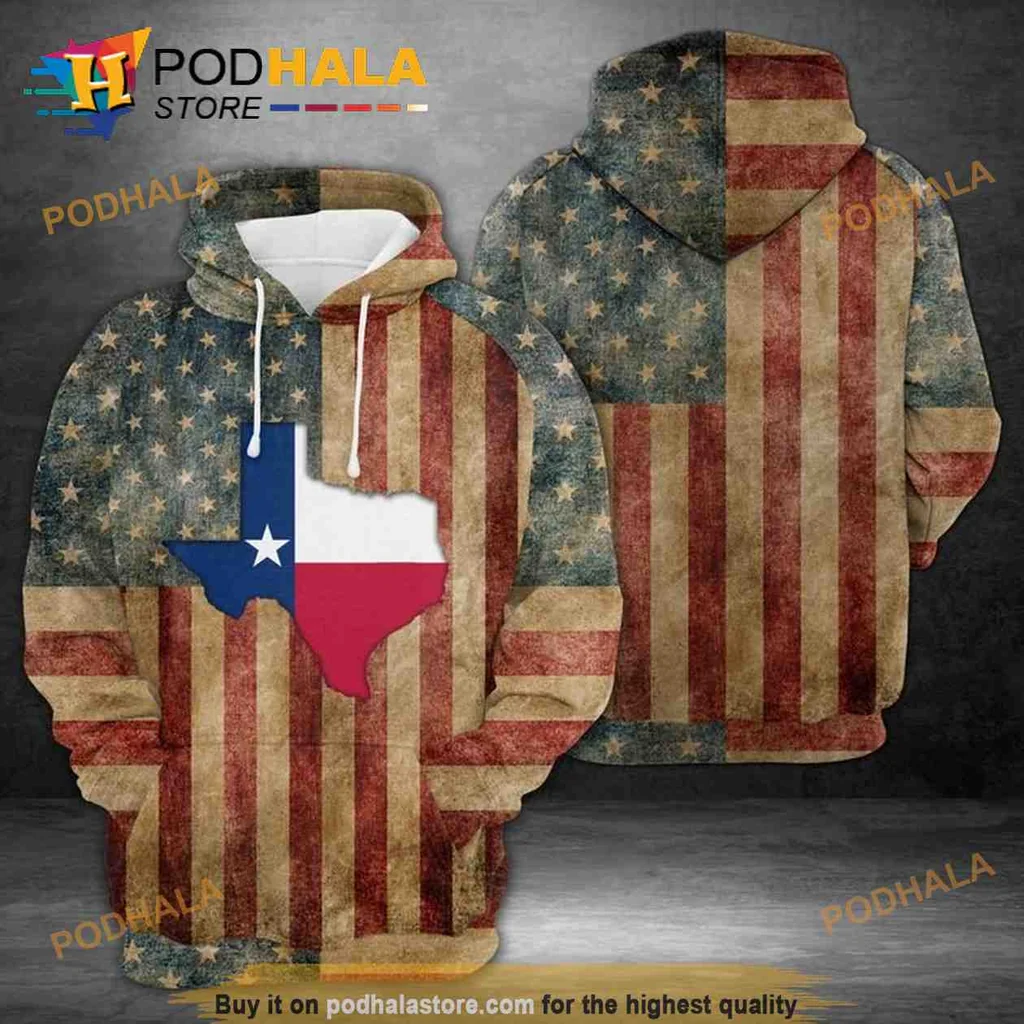 Vintage Patriotic Texas Flag 3d Hoodie With Distressed American Flag Design