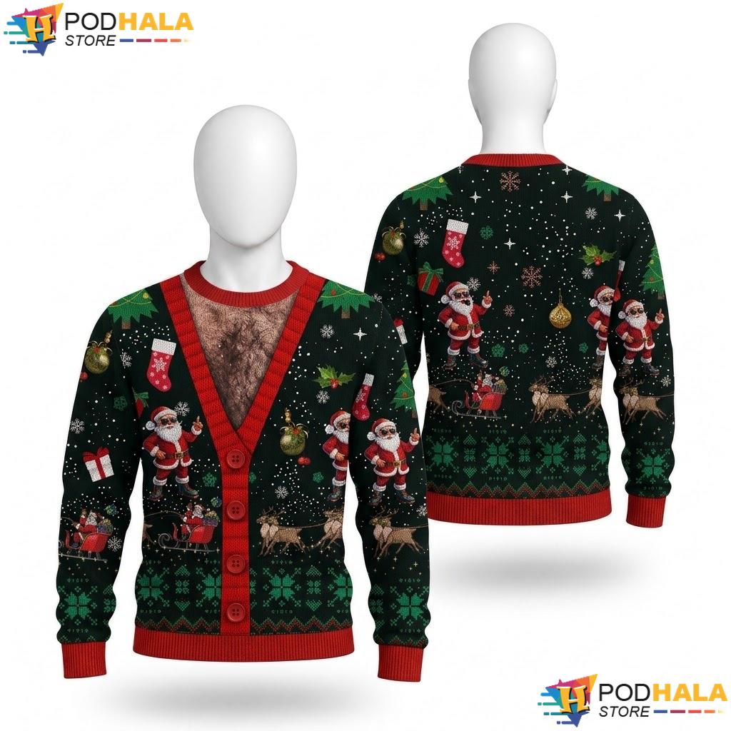 Vintage Santa Festive Black Red Ugly Sweater Playful Christmas Mens