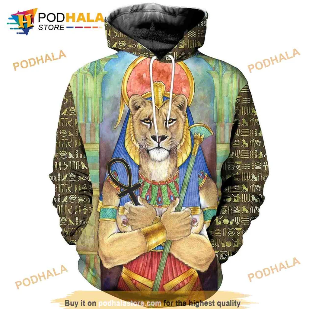 Vintage Sekhmet Goddess 3d Hoodie With Egyptian Hieroglyphics Design