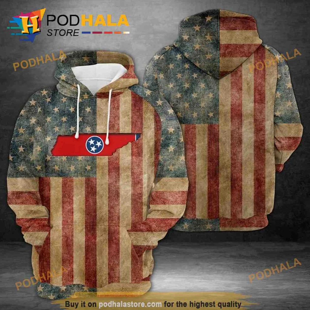 Vintage Tennessee American Flag 3d Hoodie Featuring Distressed Design