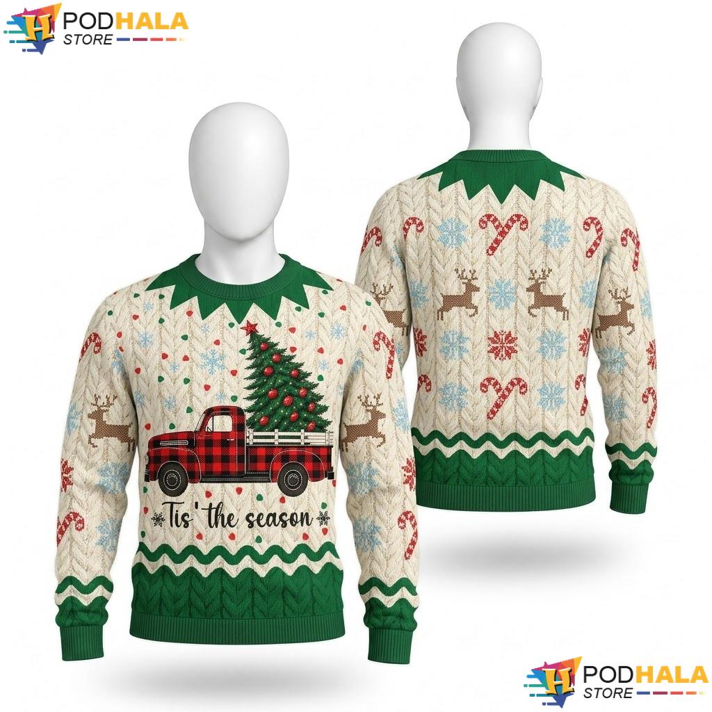 Vintage Truck Ugly Christmas Sweater Candy Cane Tree Holiday Mens Top