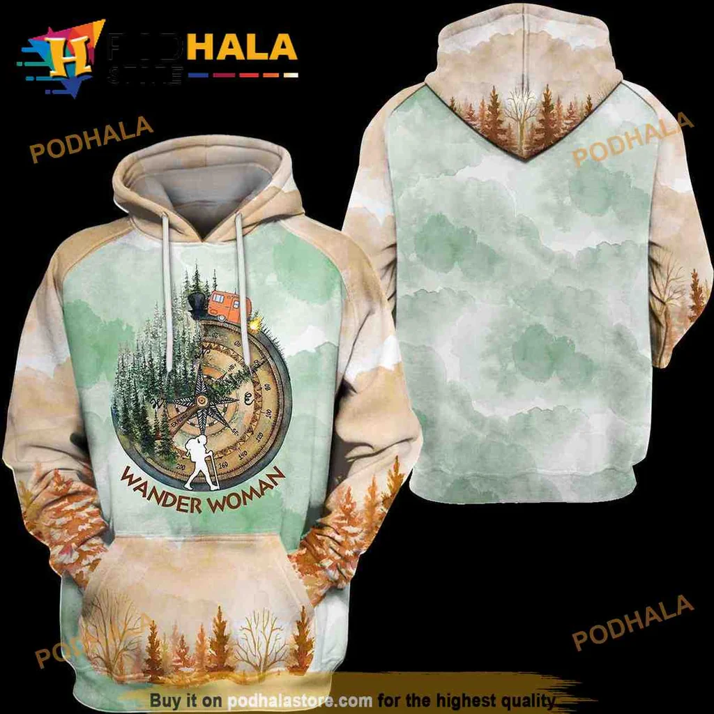 Vintage Wander Woman Camping 3d Hoodie With Forest And Compass Design