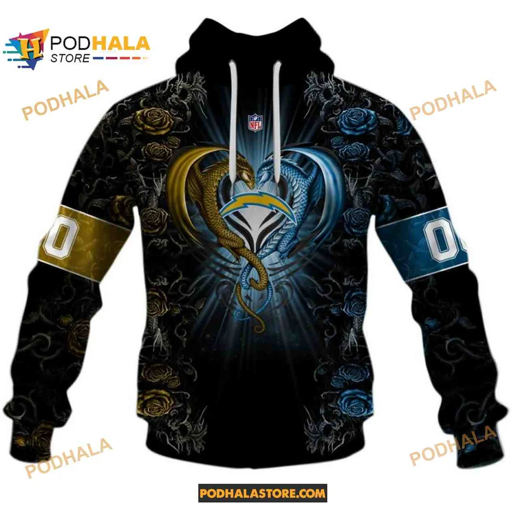 Vivid Los Angeles Chargers Dragon 3d Hoodie With Elegant Rose Design