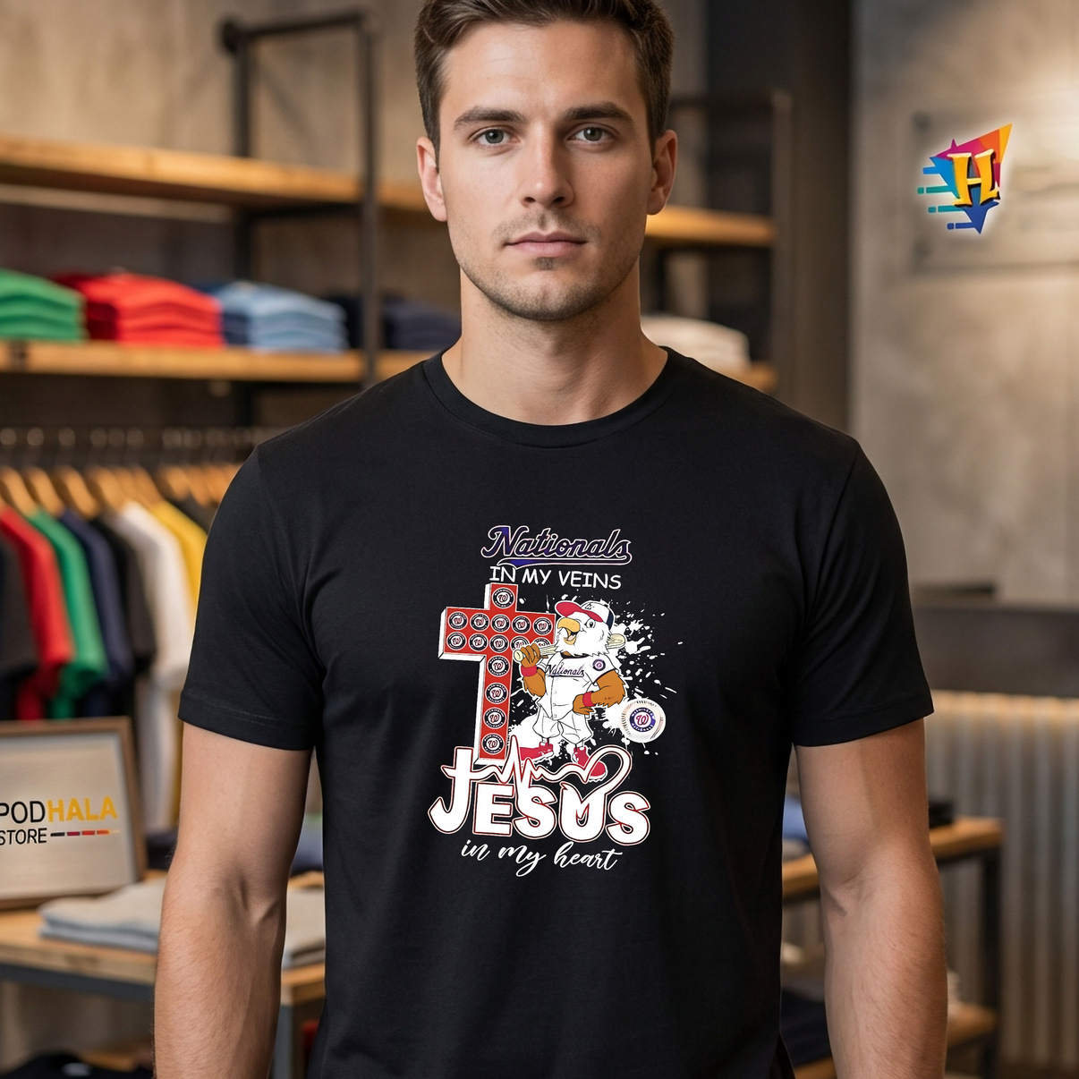 Washington Nationals Mascot Jesus Shirt 2026 In My Veins In My Heart Graphic
