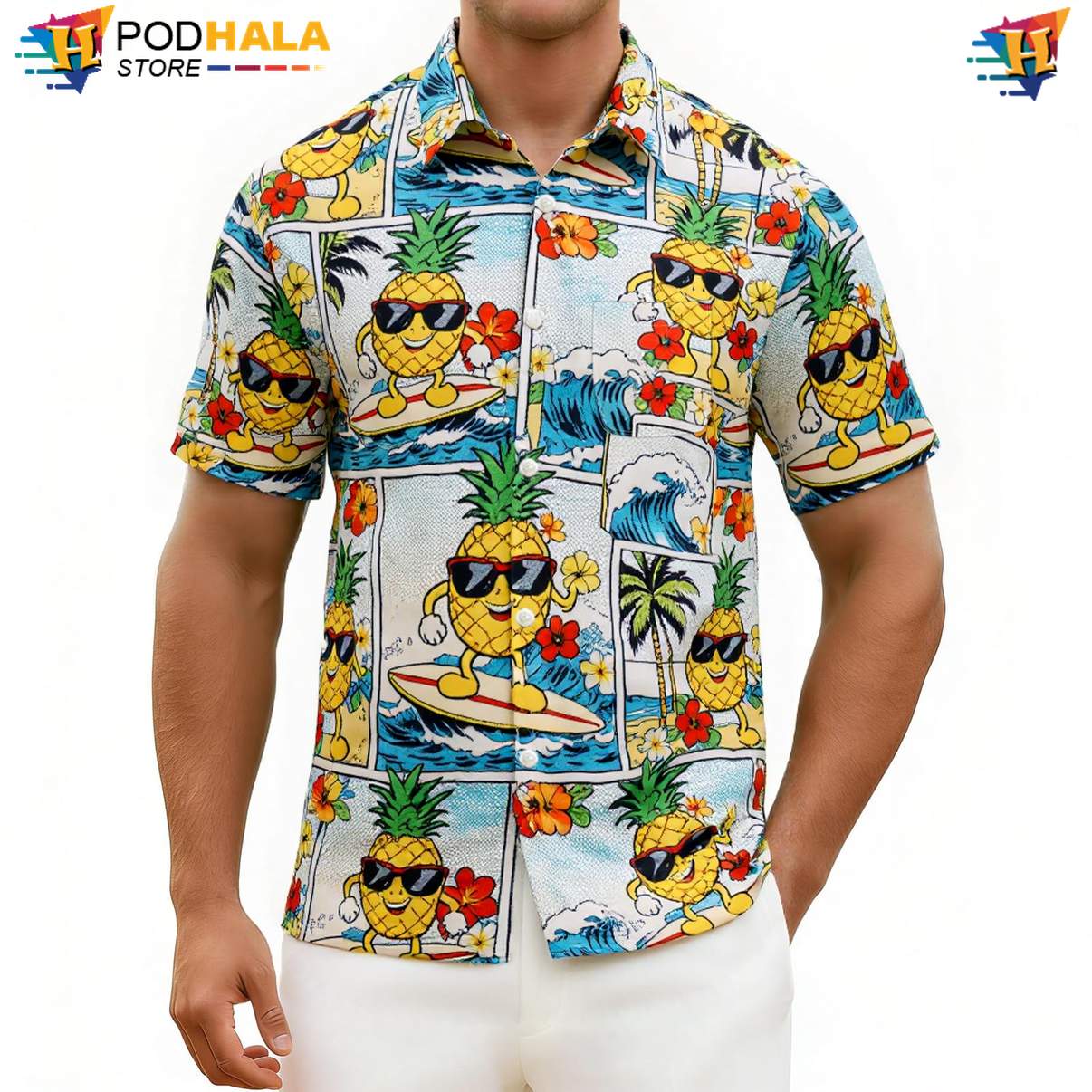 Wave Pineapple Aloha Shirt Mens Tropical Floral Palm Summer Beach Clothing