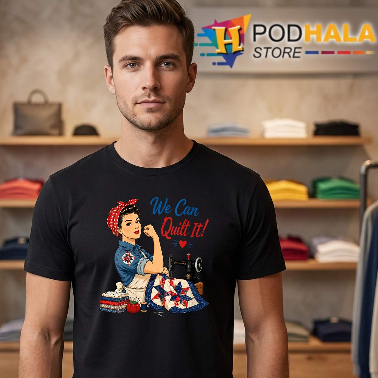 We Can Quilt It Tee Womens Rosie Riveter Sewing Machine Craft Funny Tee We Can Quilt It Tee Womens Rosie Riveter Sewing Machine Craft Funny Tee