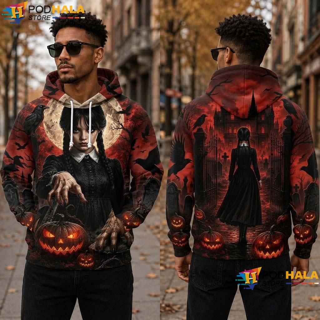 Wednesday Halloween 3D Printed Hoodie Gothic Spooky Castle Pumpkin Top - View 1 Wednesday Halloween 3D Printed Hoodie Gothic Spooky Castle Pumpkin Top - View 1