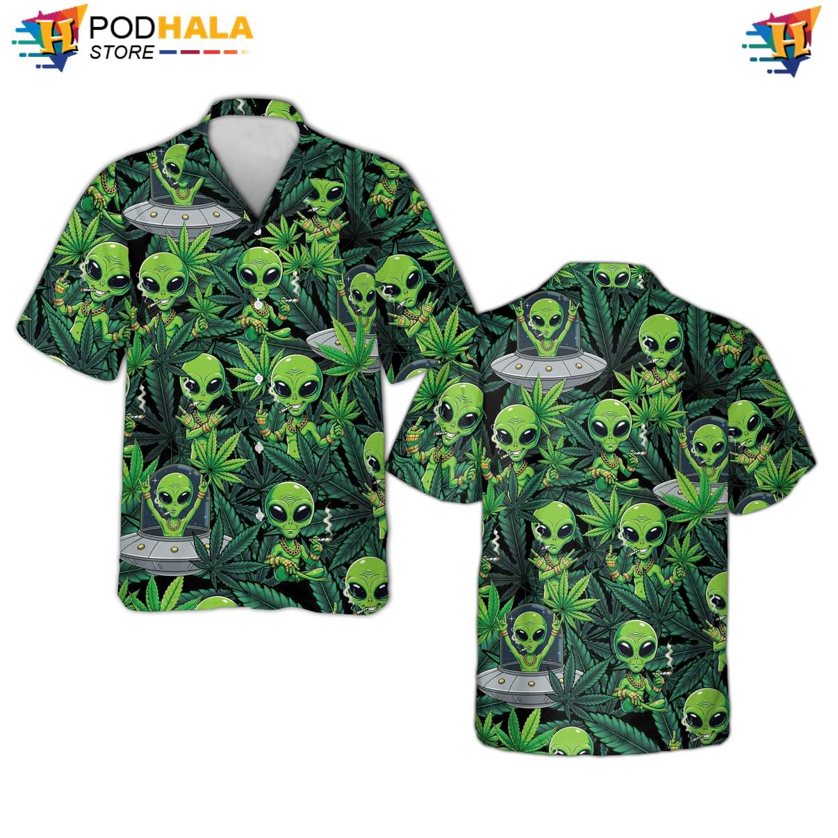 Weed Alien Hawaiian Shirt Mens Casual Beach Button Down Summer Camp Gear