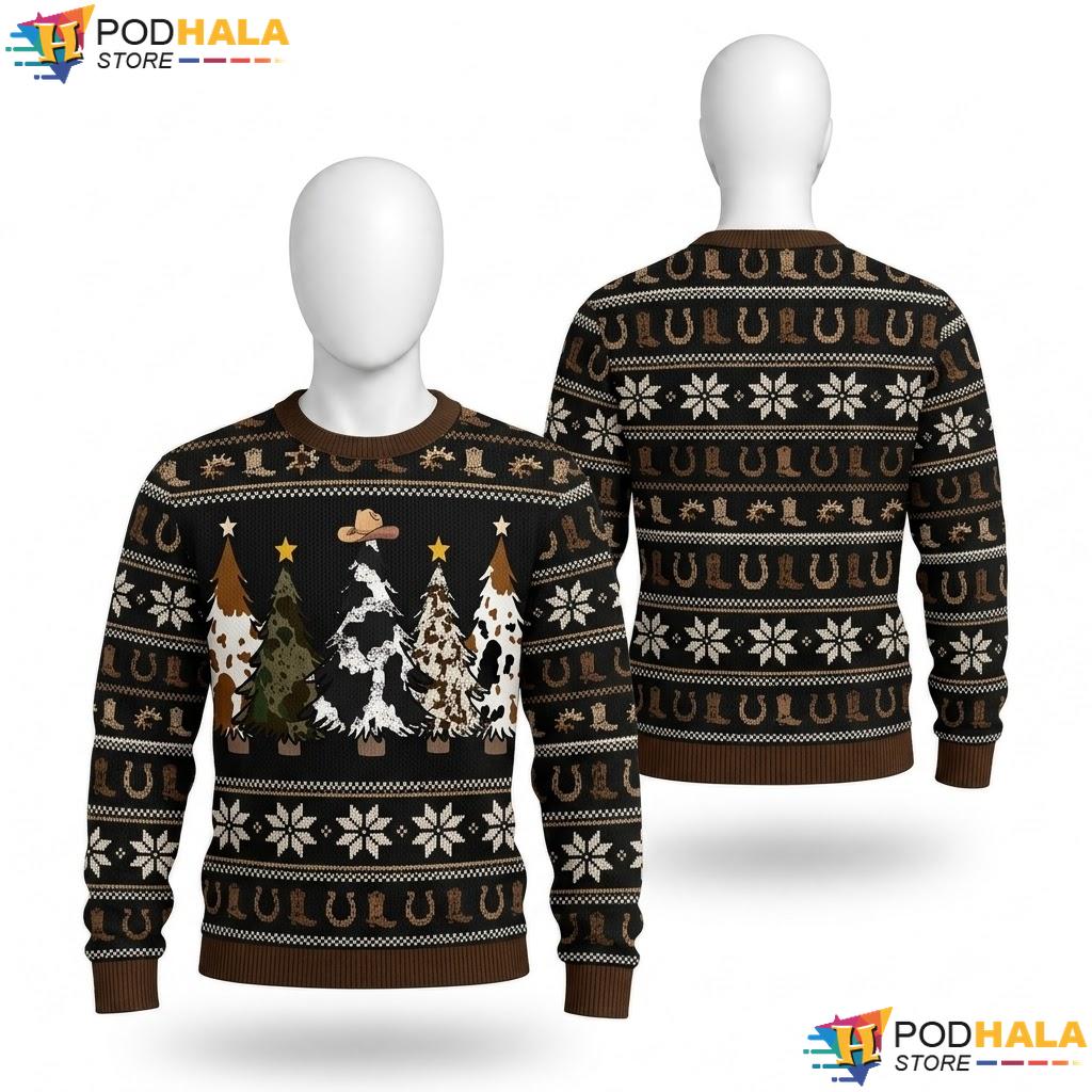 Western Cowhide Christmas Tree Sweater Cow Lover Howdy Xmas Costume