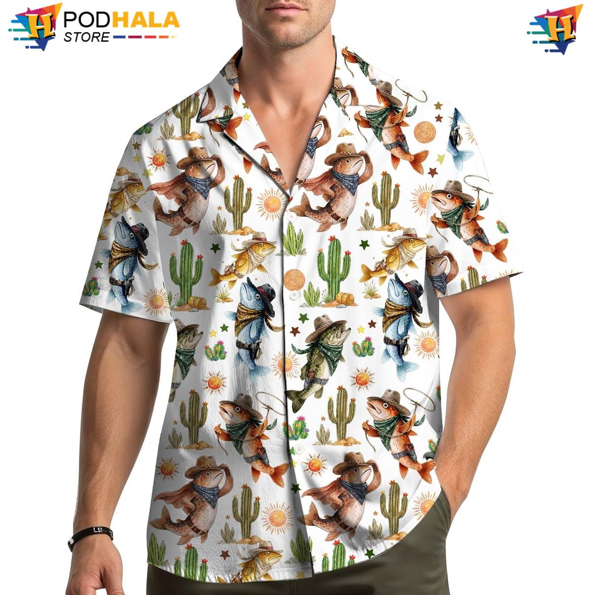 Western Fish Fire Hawaiian Shirt Mens Island Vibe Holiday Vacation Clothing