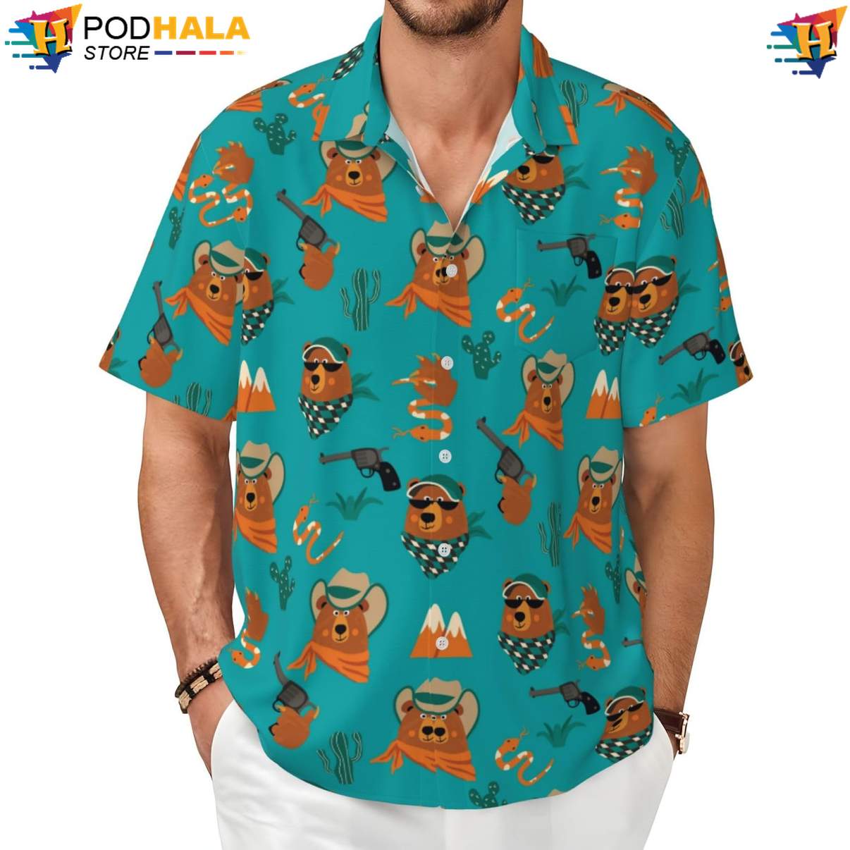 Western Funny Bear Hawaiian Shirt Novelty Mens Short Sleeve Button Up Top