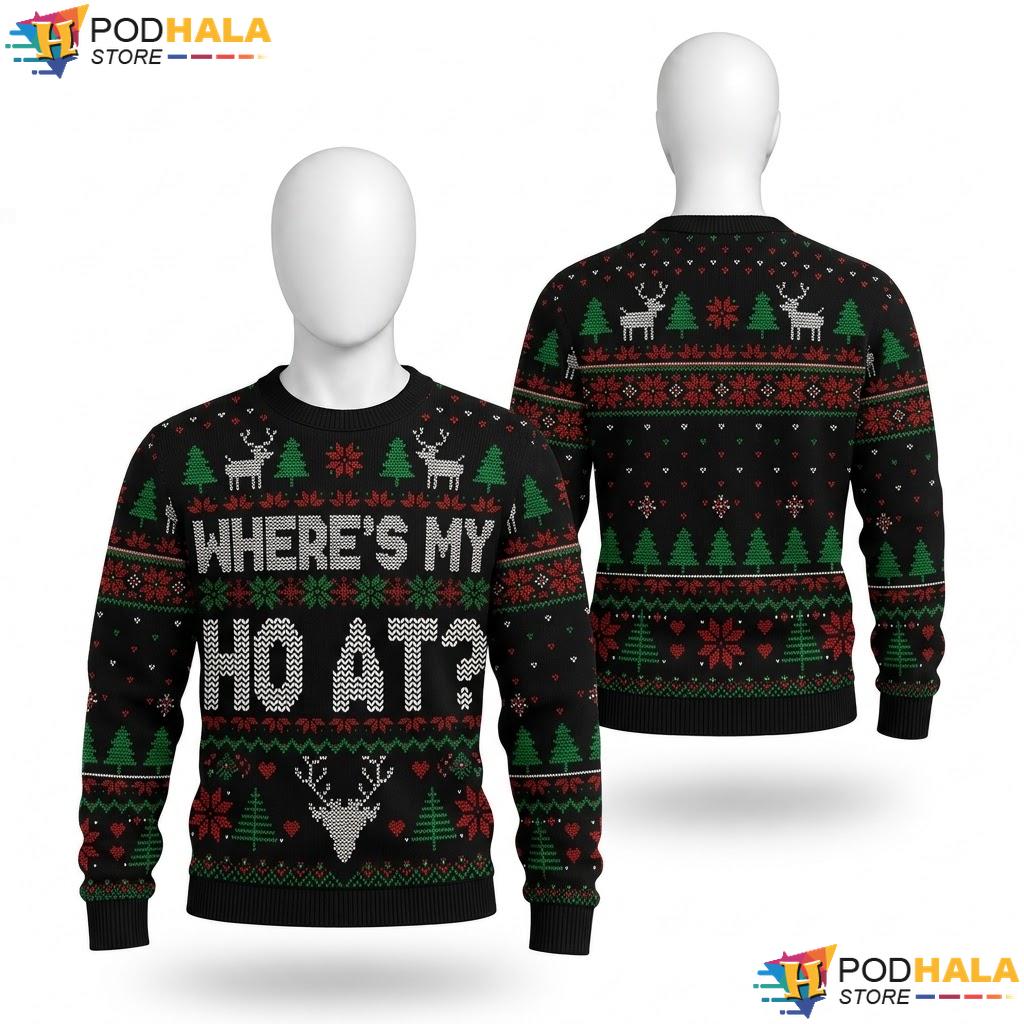 Where My Hos At Ugly Christmas Sweater Matching Couple Holiday Top