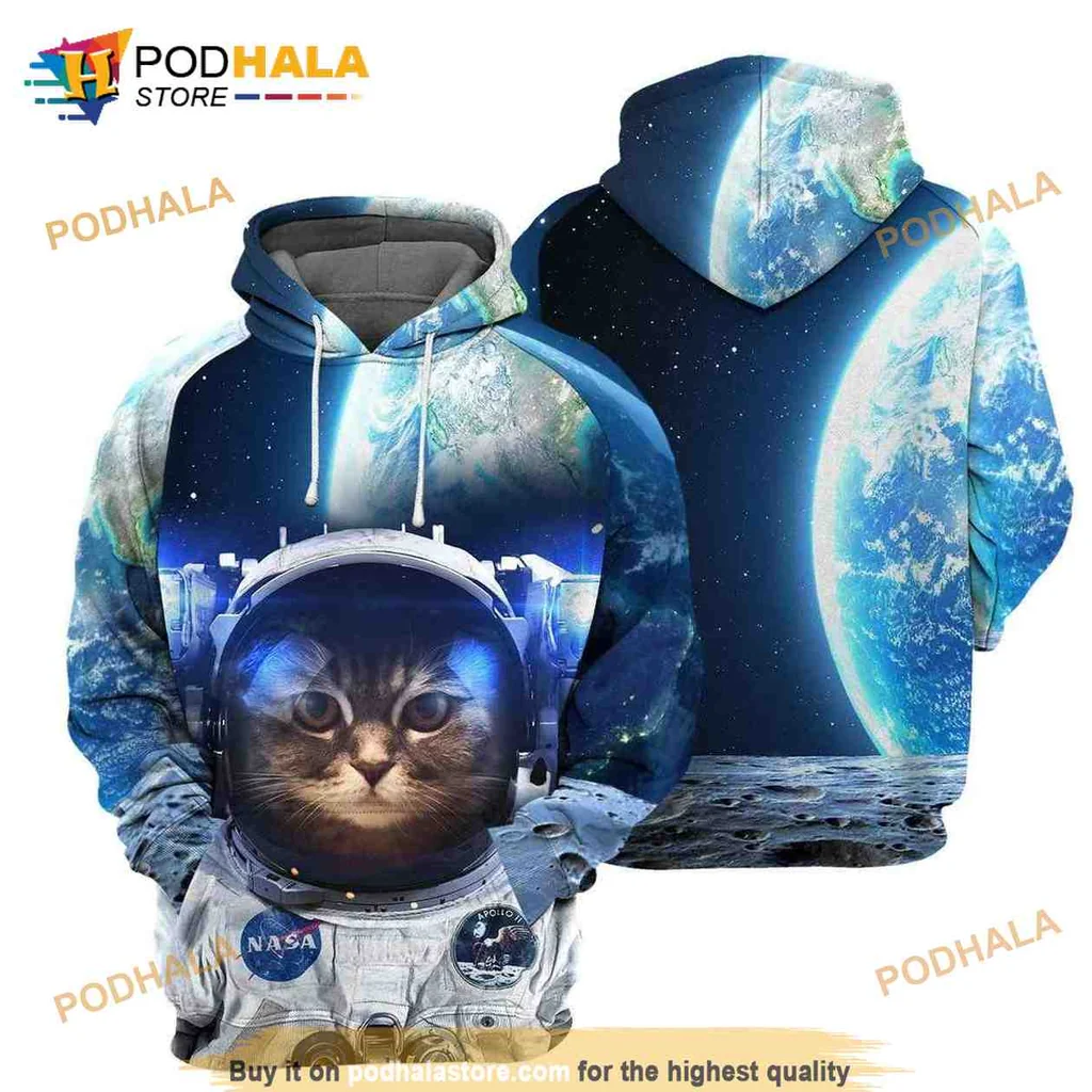 Whimsical Astronaut Cat 3d Hoodie With Cosmic Space Design