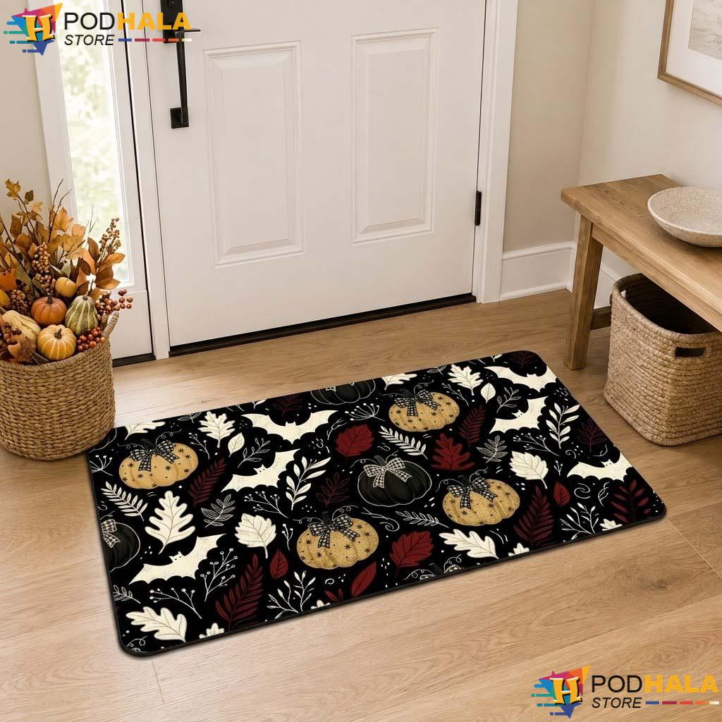 Whimsical Autumn Leaf Doormat Spooky Halloween Pumpkin Floral Entryway Rug