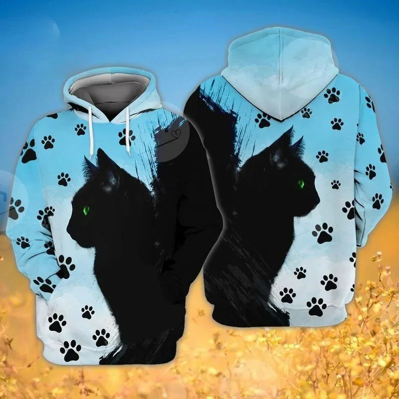 Whimsical Black Cat 3d Hoodie With Striking Green Eyes And Paw Prints