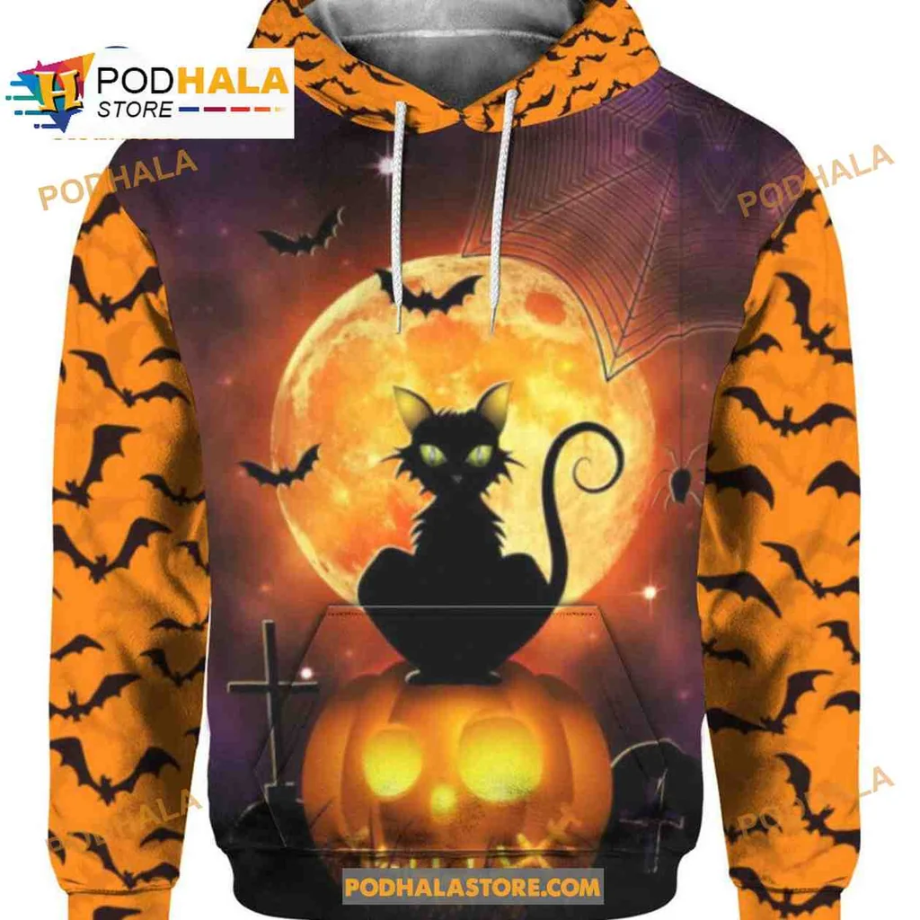 Whimsical Black Cat Pumpkin 3d Hoodie With Glowing Moon And Bats