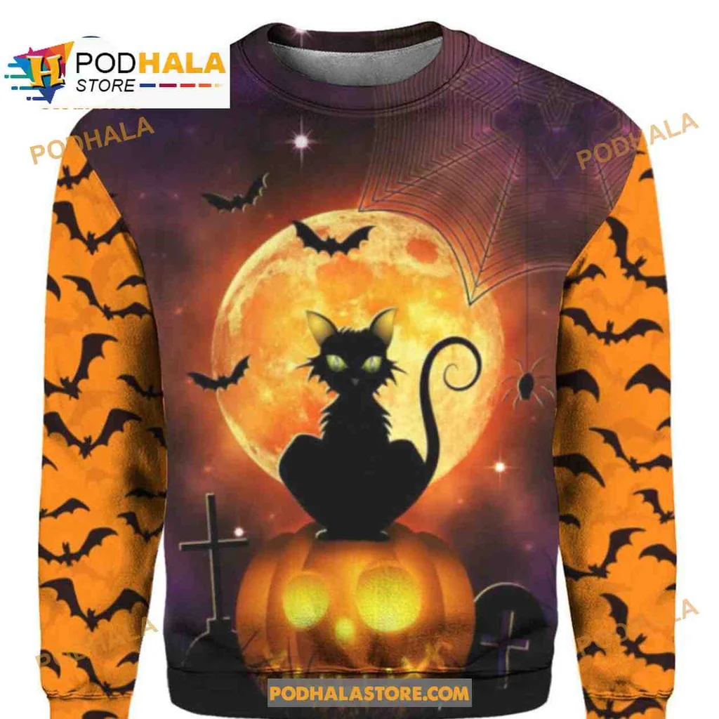 Whimsical Black Cat Pumpkin All Over Print Hoodie With Glowing Moon And Bats Whimsical Black Cat Pumpkin All Over Print Hoodie With Glowing Moon And Bats