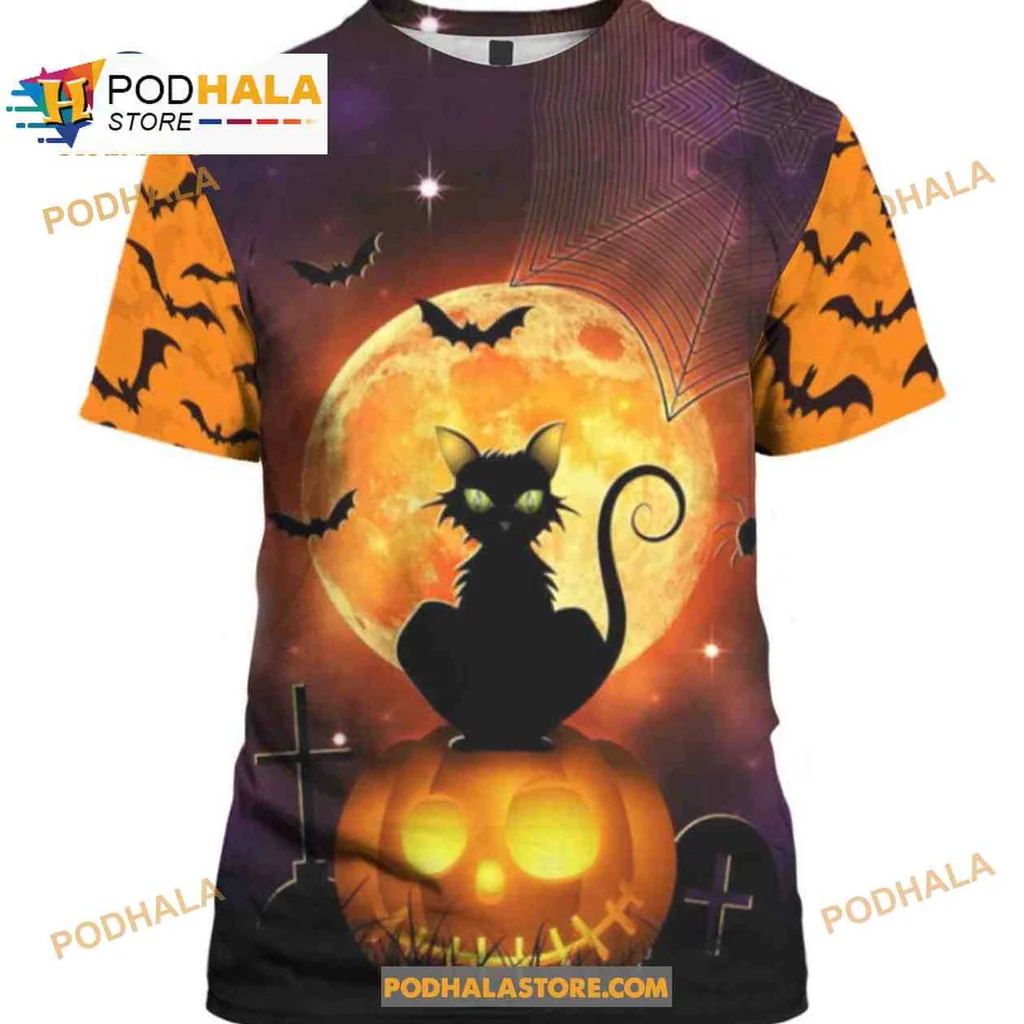 Whimsical Black Cat Pumpkin AOP Hoodie With Glowing Moon And Bats Whimsical Black Cat Pumpkin AOP Hoodie With Glowing Moon And Bats