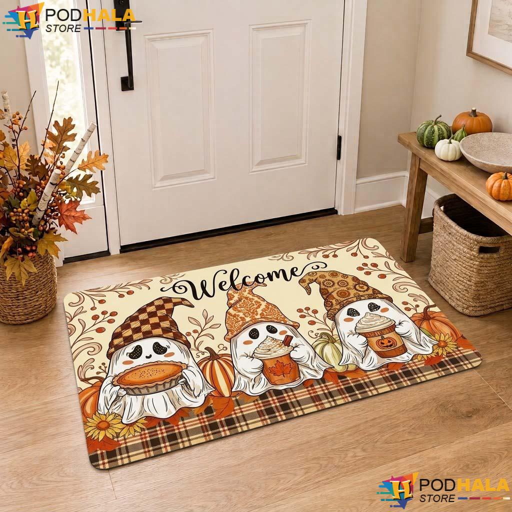 Whimsical Ghost Pumpkin Doormat Playful Cozy Fall Halloween Welcome Entrance