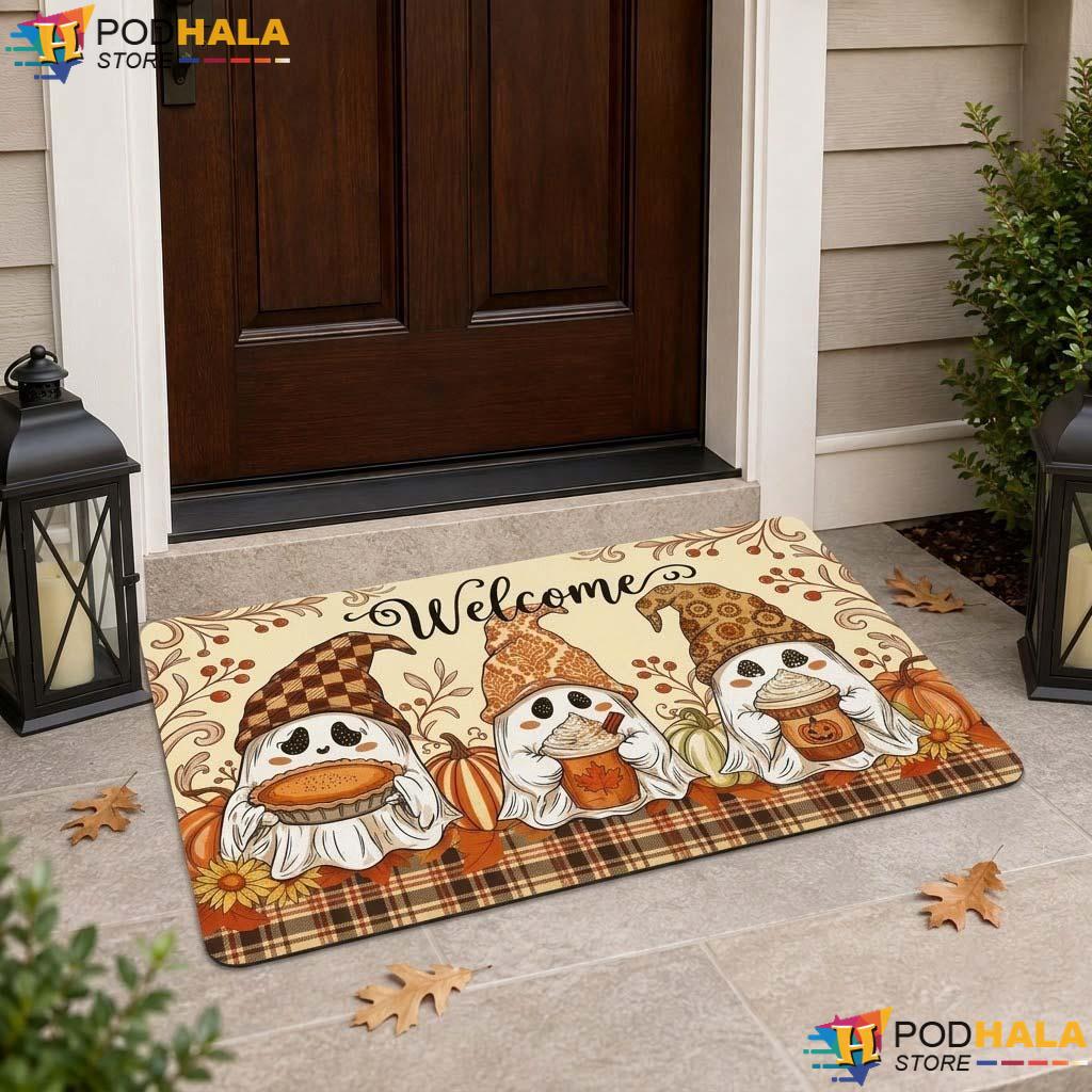 Whimsical Ghost Pumpkin Doormat Playful Cozy Fall Halloween Welcome Entrance - View 1 Whimsical Ghost Pumpkin Doormat Playful Cozy Fall Halloween Welcome Entrance - View 1