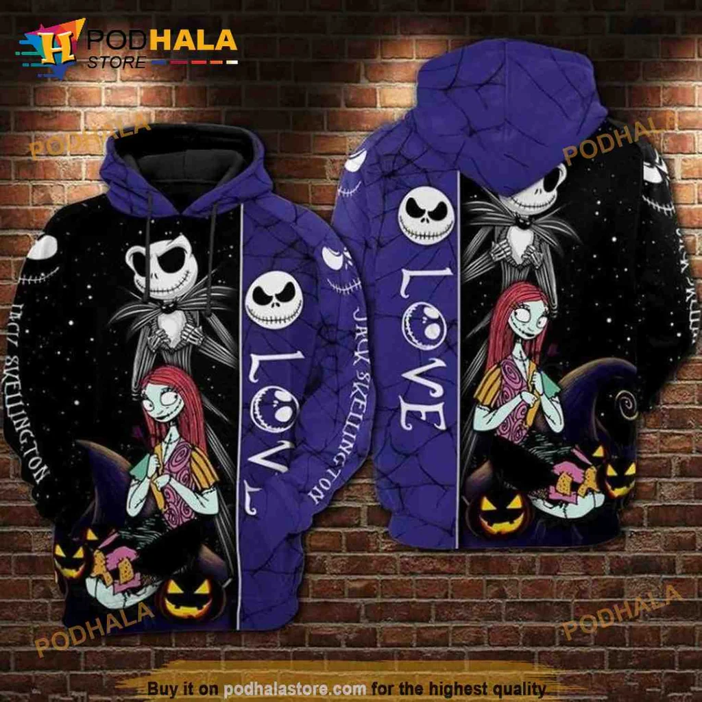 Whimsical Jack Skellington And Sally 3d Hoodie Featuring Halloween Elements