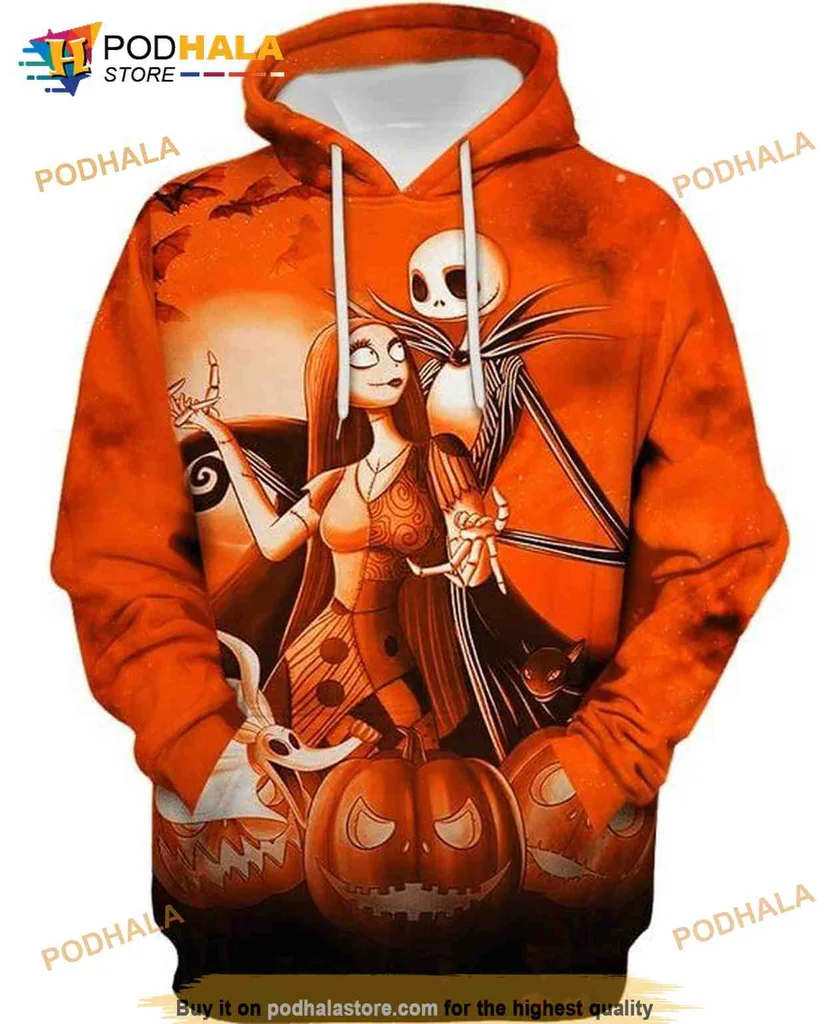 Whimsical Jack Skellington Sally 3d Hoodie With Halloween Pumpkin Design