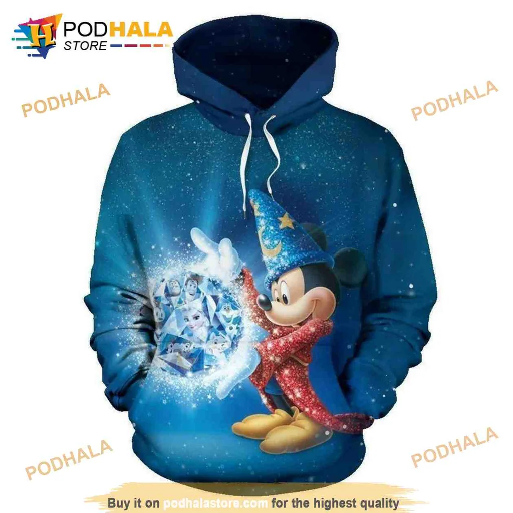 Whimsical Mickey Mouse 3d Hoodie Featuring Icy Design And Wizard Hat