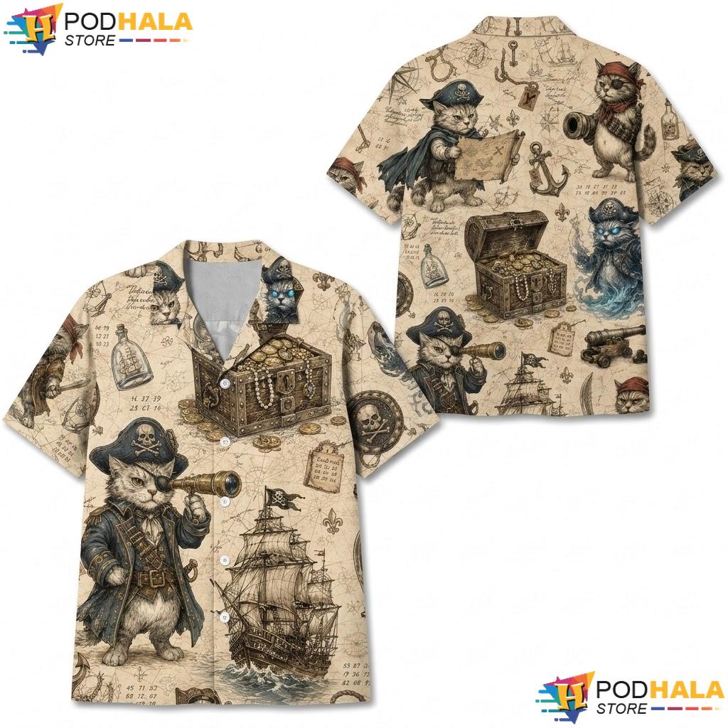 Whimsical Pirate Cat Hawaiian Shirt Treasure Themed Playful Mens Top