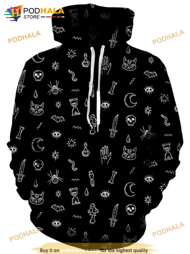 Whimsical Witchcraft Doodle Black 3d Hoodie With Skulls And Mystical Symbols