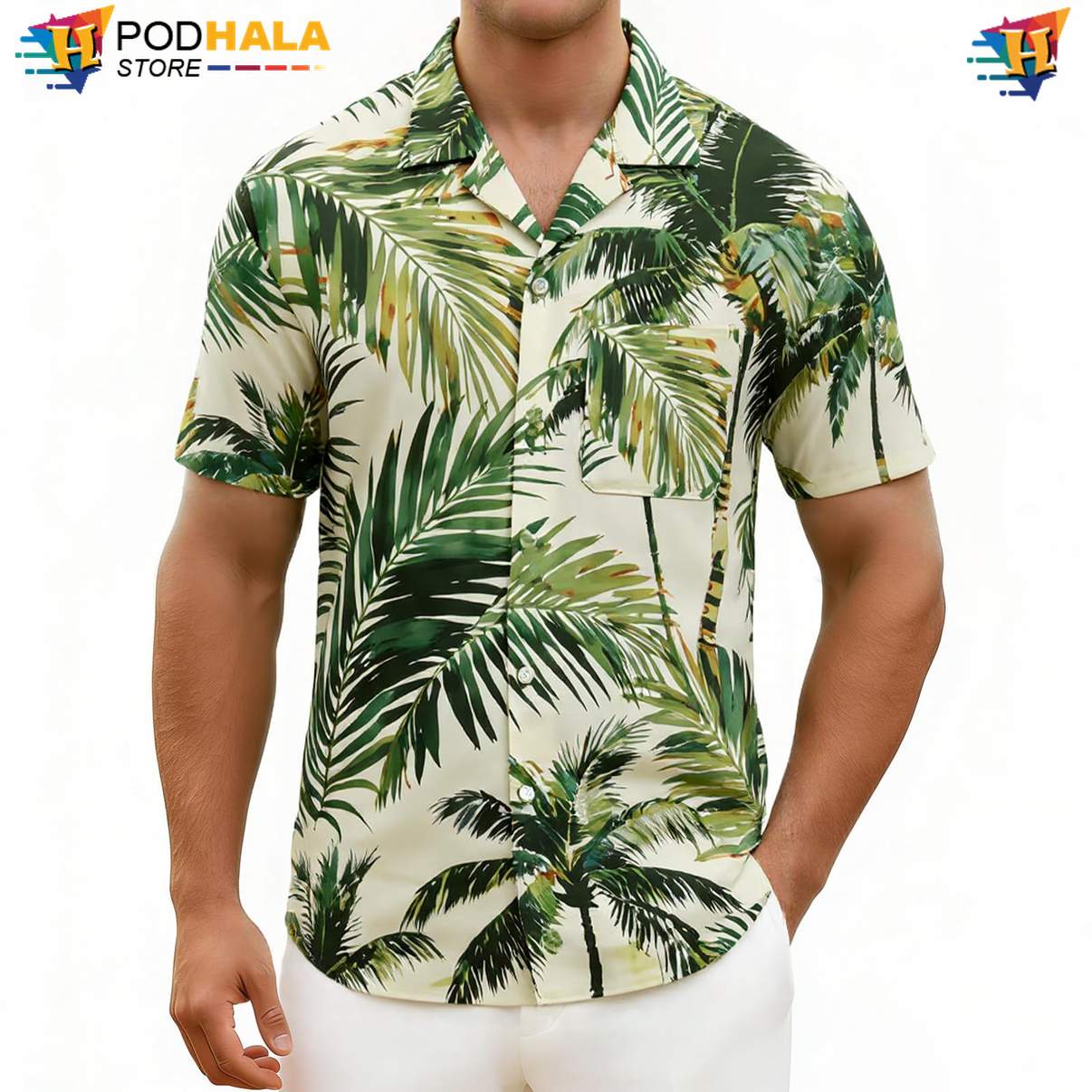 White Bamboo Leaf Hawaiian Shirt Mens Tropical Floral Beach Lightweight Top