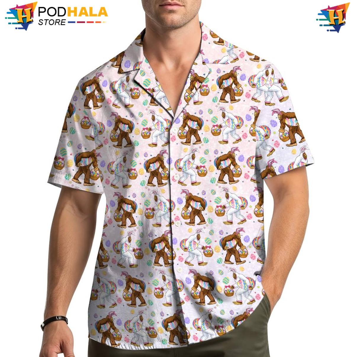 White Bigfoot Aloha Shirt Mens Short Sleeve Casual Summer Beachwear Top