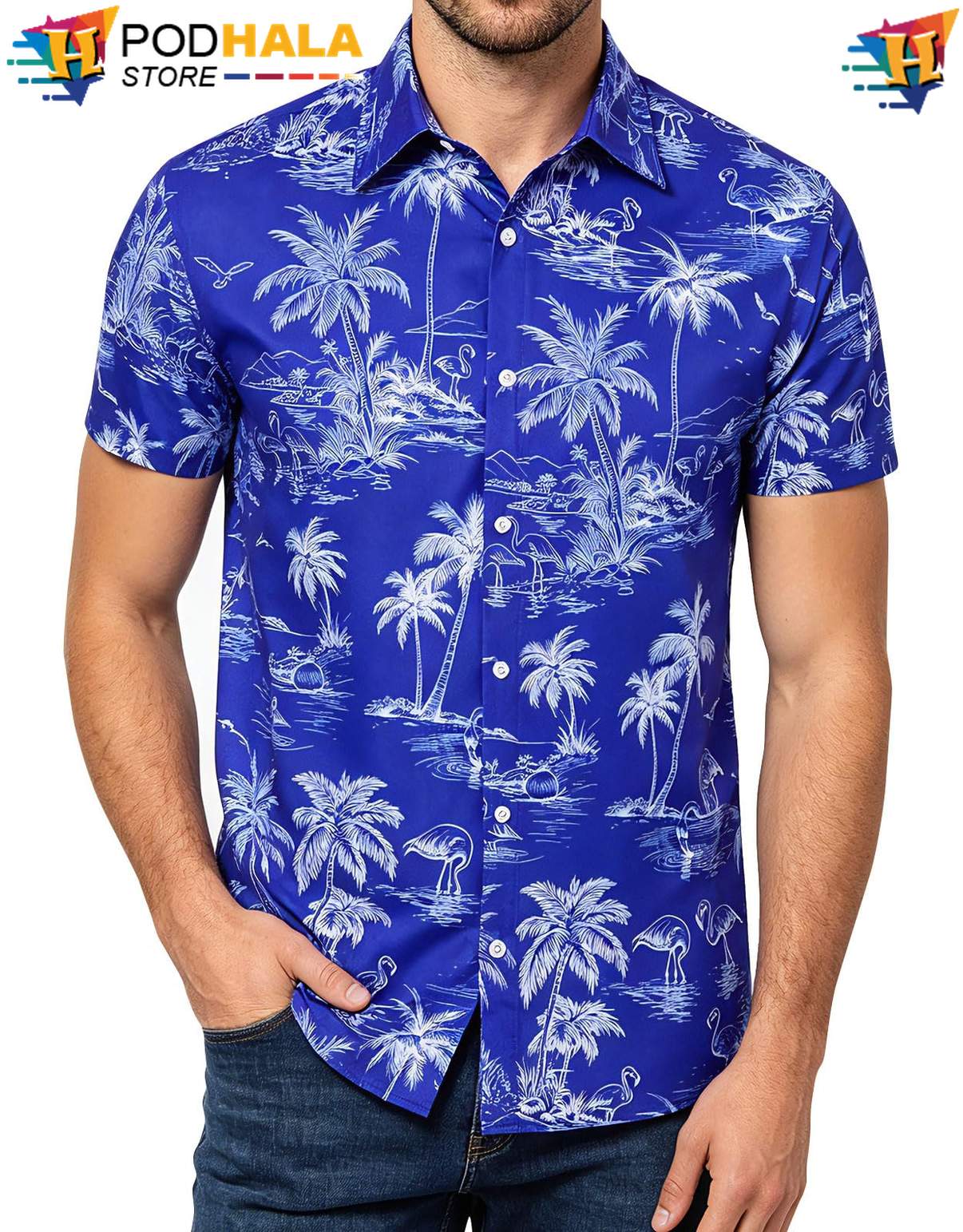 White Blue Cowboy Aloha Shirt Western Mens Short Sleeve Beachwear Apparel
