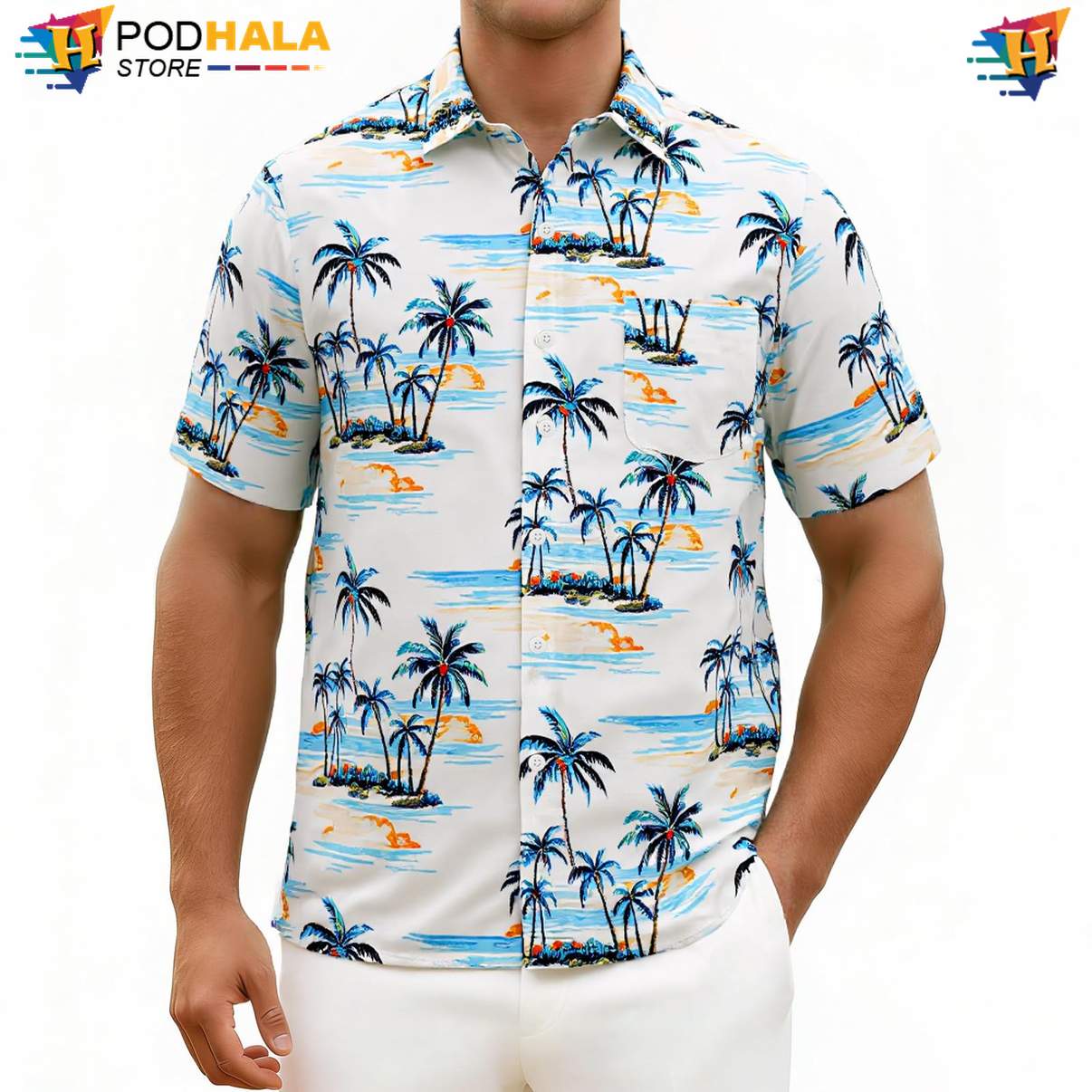 White Coconut Tree Aloha Shirt Mens Tropical Floral Palm Beach Lightweight