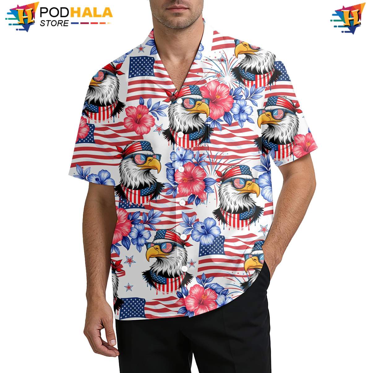 White Flag Eagle Aloha Shirt Mens Patriotic Summer Beach Party Outfit Top