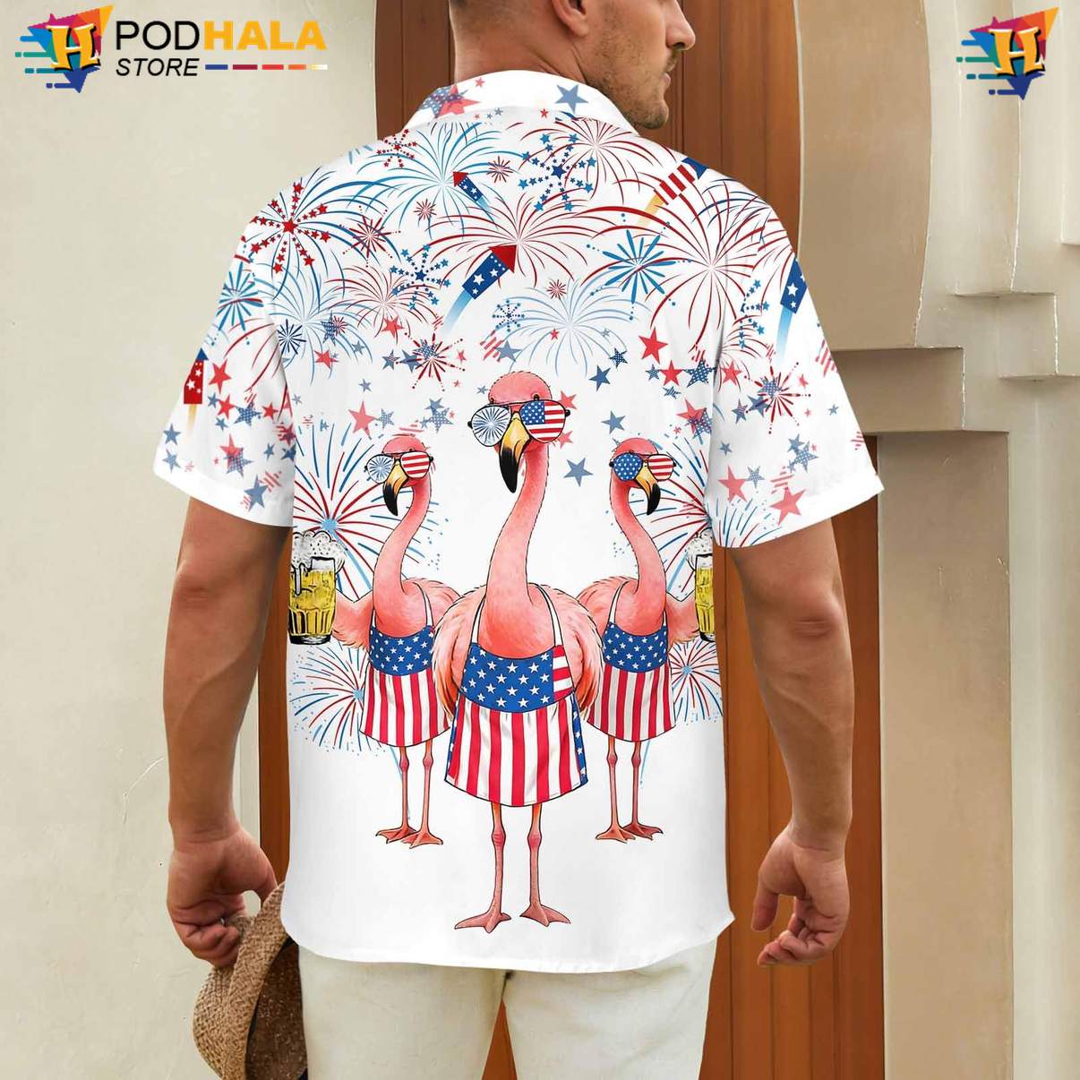 White Flamingo Short-sleeve button-up shirt Mens Funny Summer Beach Party Vacation Outfit White Flamingo Short-sleeve button-up shirt Mens Funny Summer Beach Party Vacation Outfit