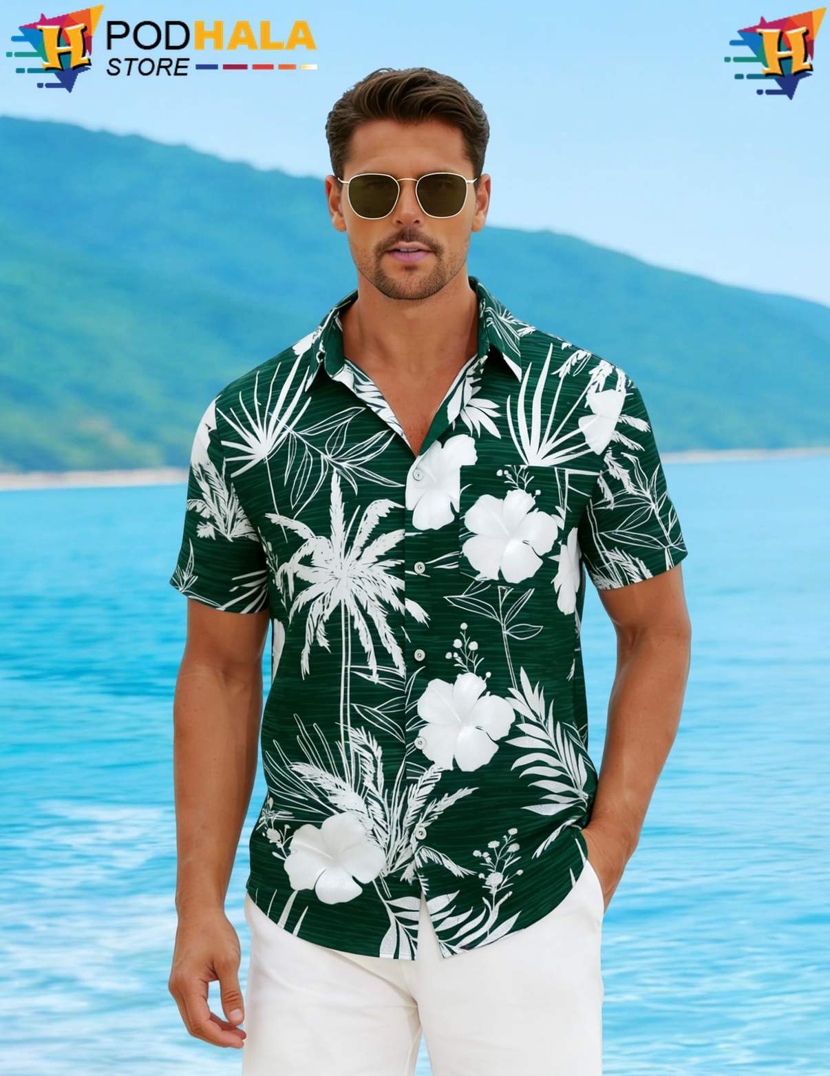 White Flower Green Aloha Shirt Mens Short Sleeve Casual Summer Beachwear