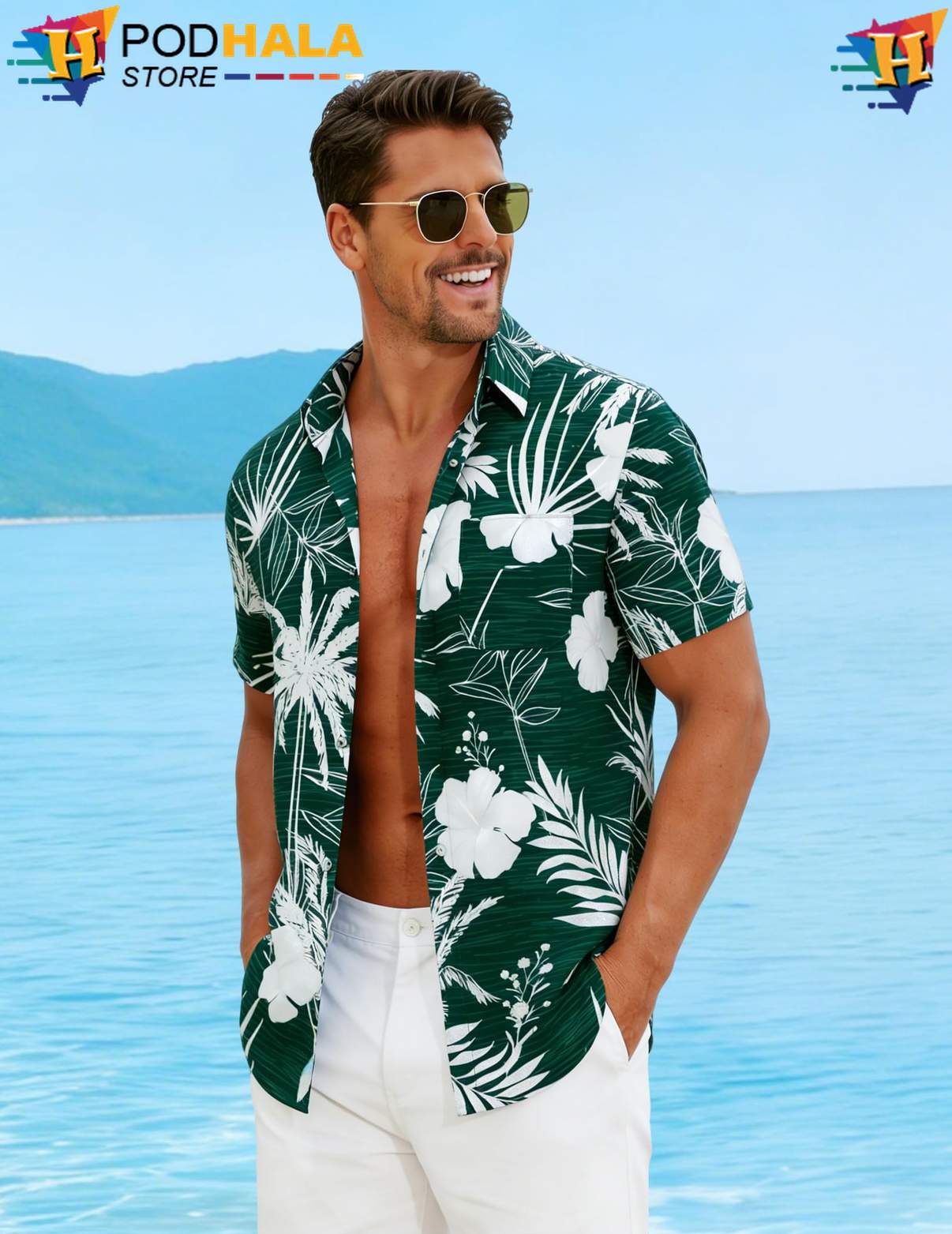 White Flower Green Tropical Shirt Mens Short Sleeve Casual Summer Beachwear White Flower Green Tropical Shirt Mens Short Sleeve Casual Summer Beachwear