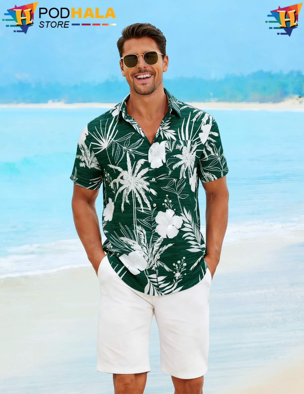White Flower Green Tropical Shirt Mens Short Sleeve Casual Summer Beachwear White Flower Green Tropical Shirt Mens Short Sleeve Casual Summer Beachwear