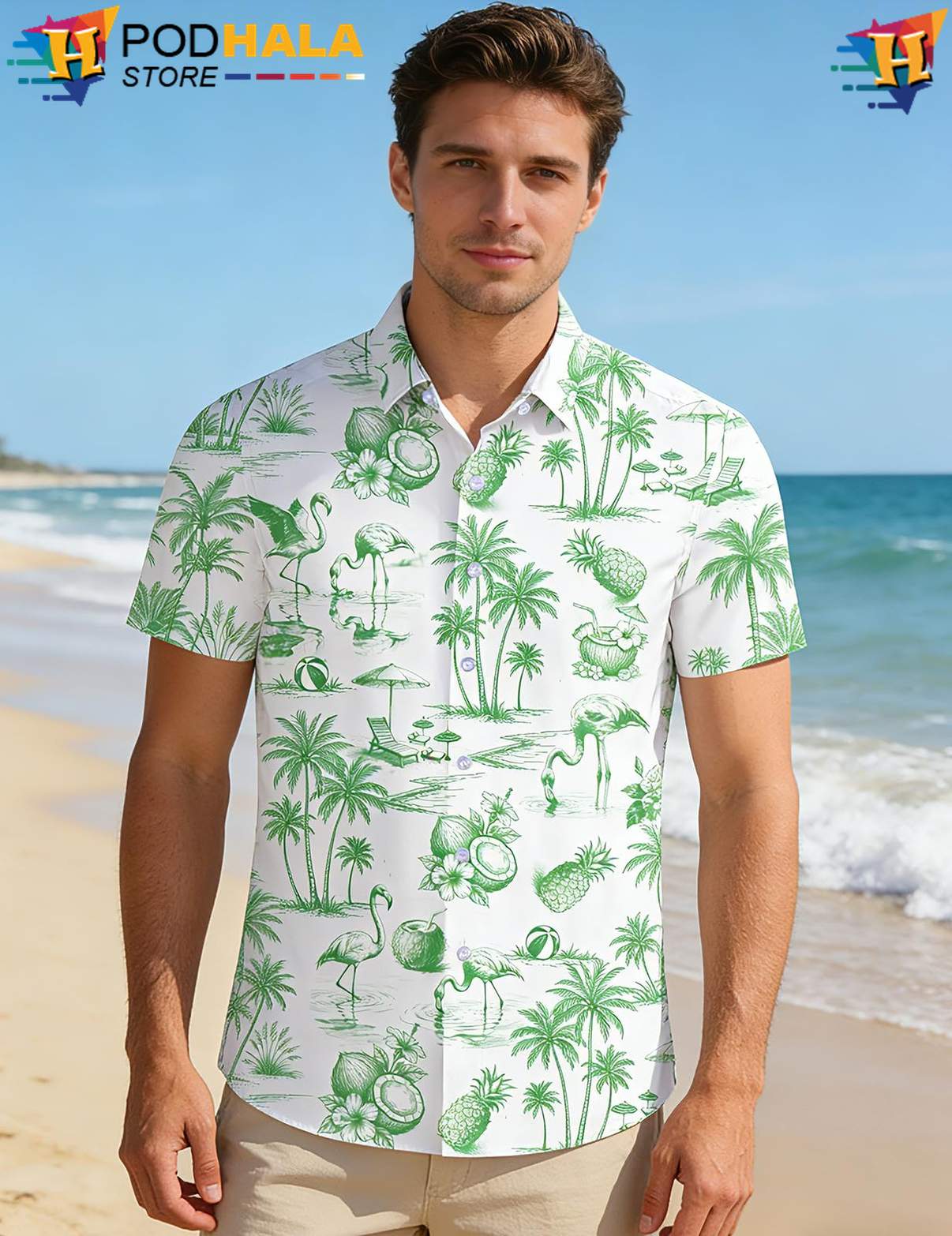 White Green Cowboy Aloha Shirt Western Mens Short Sleeve Summer Beach Top