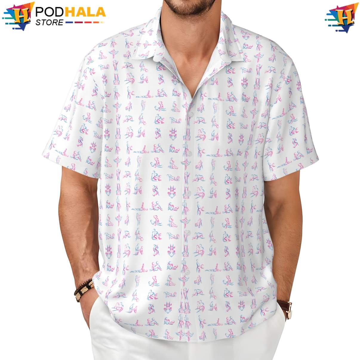 White Love Hawaiian Shirt Pose Funny Mens Short Sleeve Button Up Beachwear