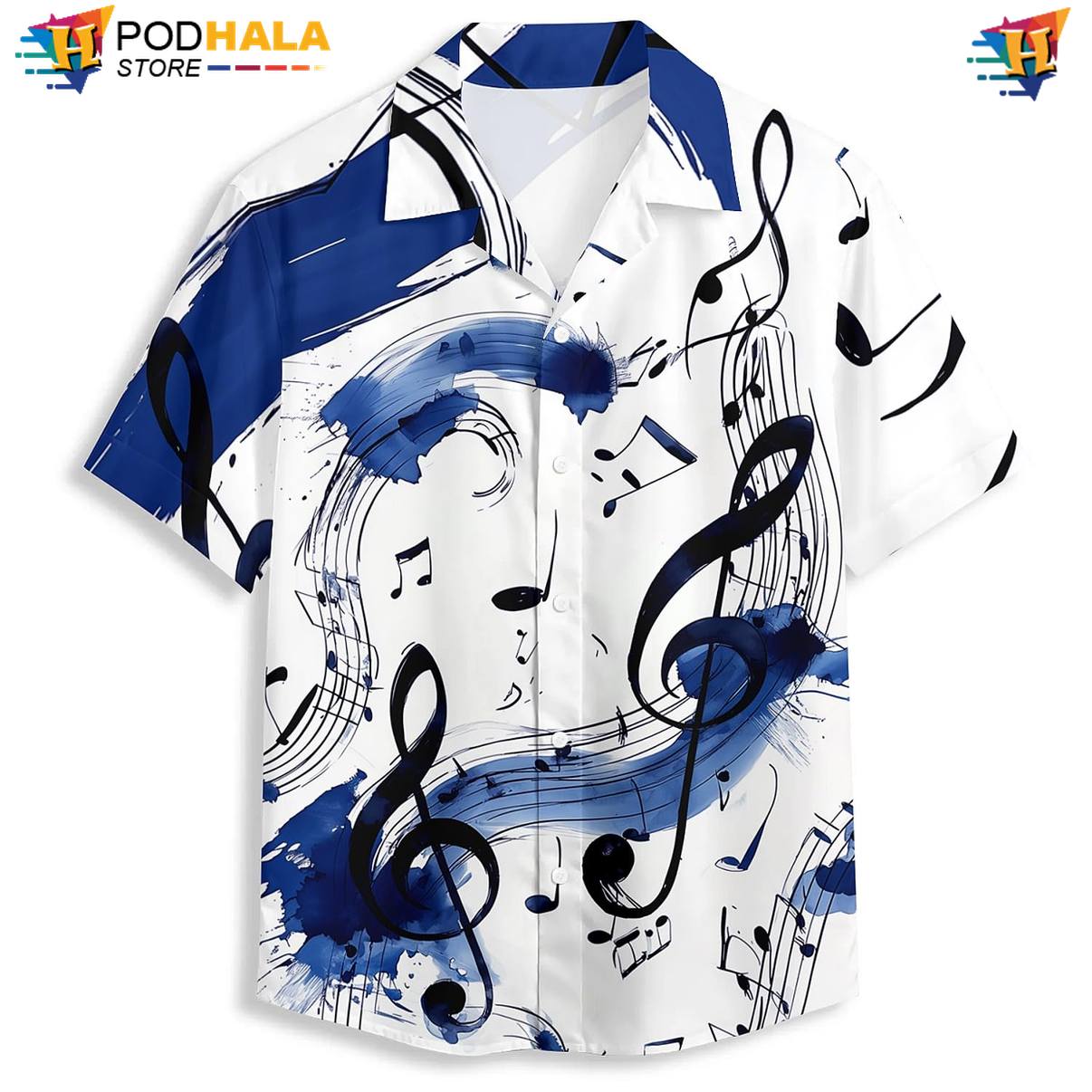 White Music Notes Aloha Shirt Mens Tropical Vacation Island Vibe Camp Outfit
