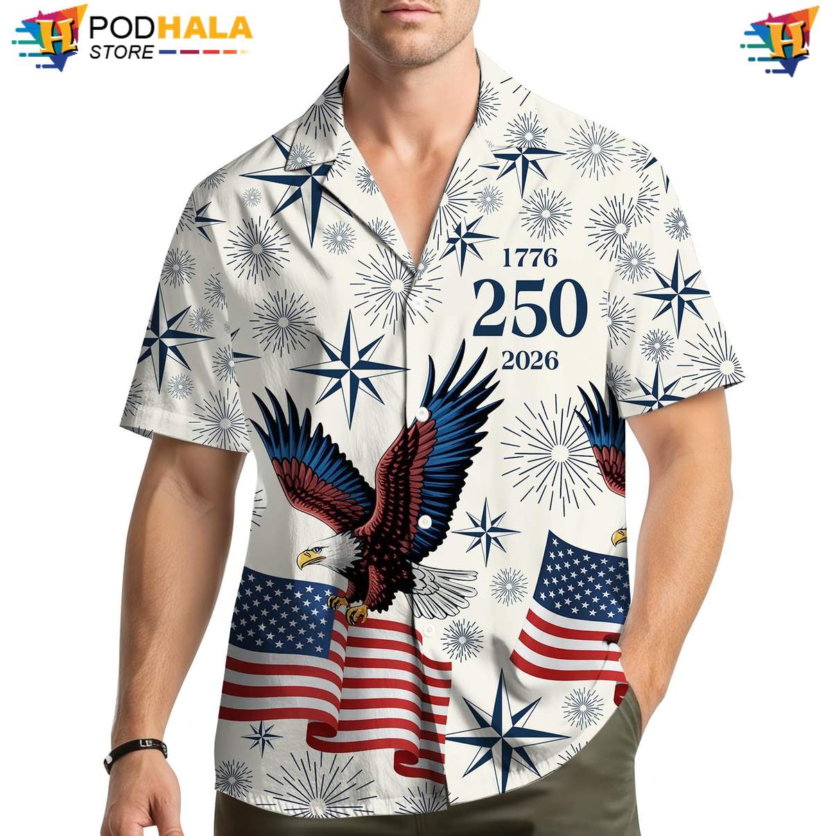 White Patriotic 250th Hawaiian Shirt Mens USA Flag Fourth Of July Outfit