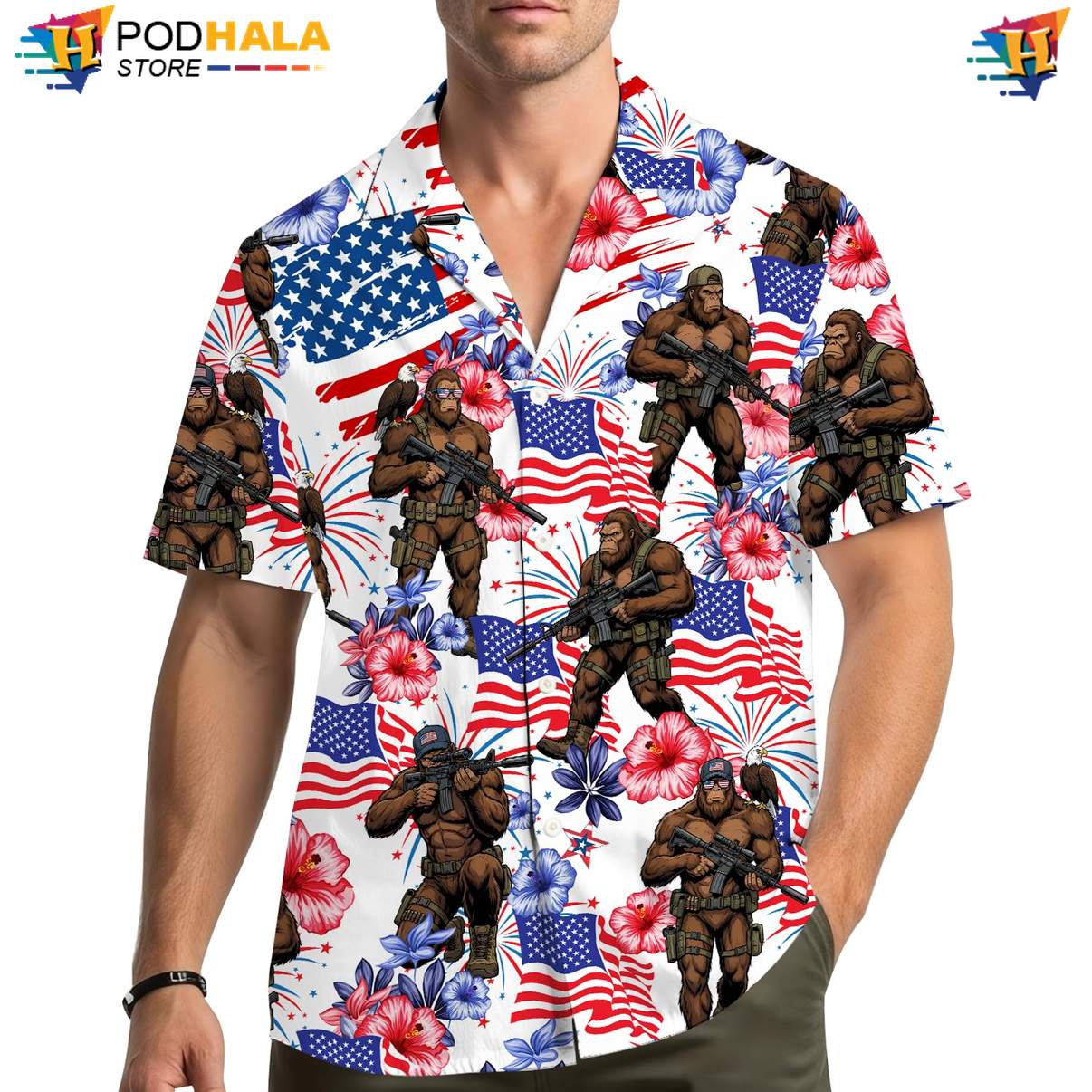 White Patriotic Bigfoot Aloha Shirt Mens Fourth Of July Summer Beachwear