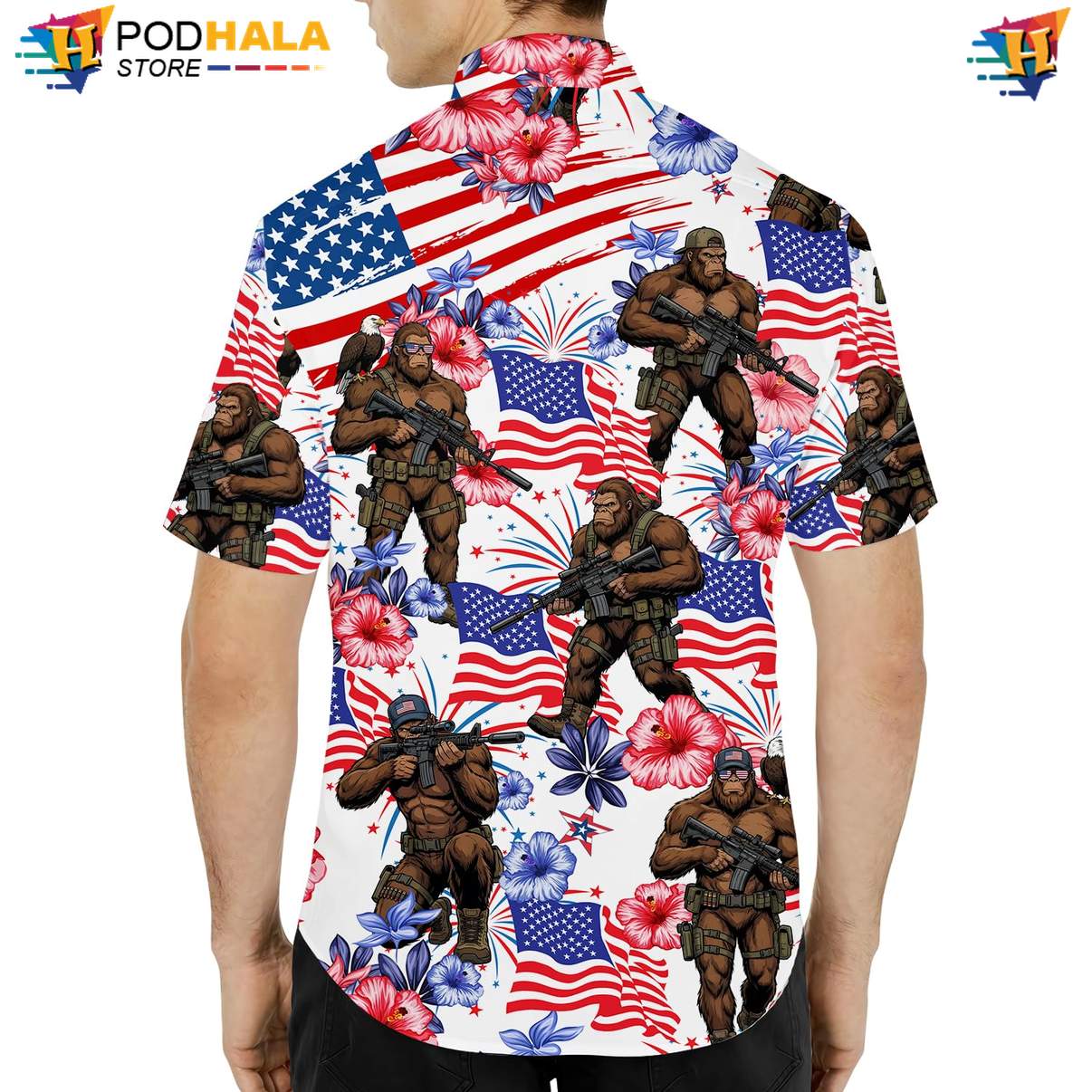 White Patriotic Bigfoot Tropical Shirt Mens Fourth Of July Summer Beachwear White Patriotic Bigfoot Tropical Shirt Mens Fourth Of July Summer Beachwear