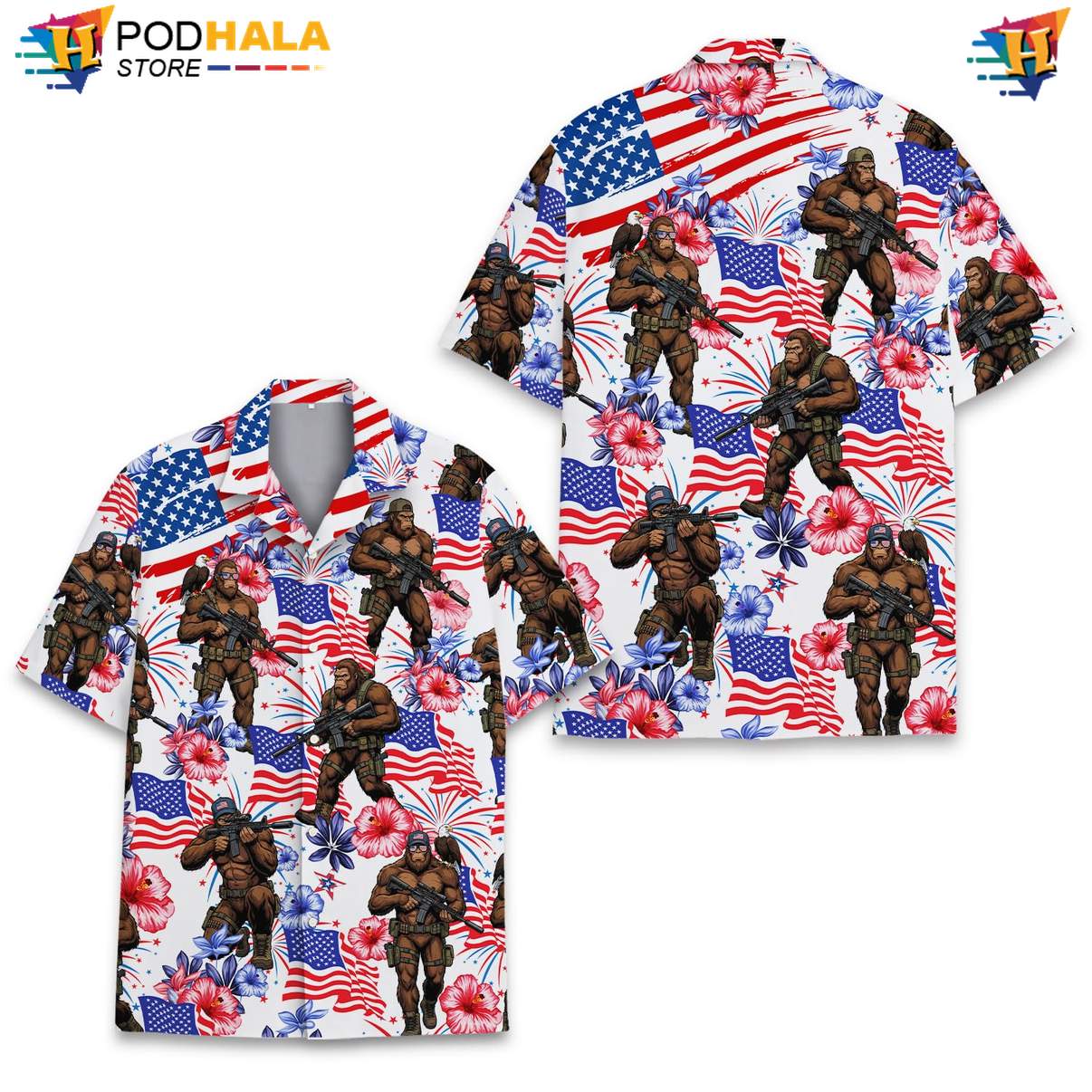 White Patriotic Bigfoot Short-sleeve button-up shirt Mens Fourth Of July Summer Beachwear White Patriotic Bigfoot Short-sleeve button-up shirt Mens Fourth Of July Summer Beachwear