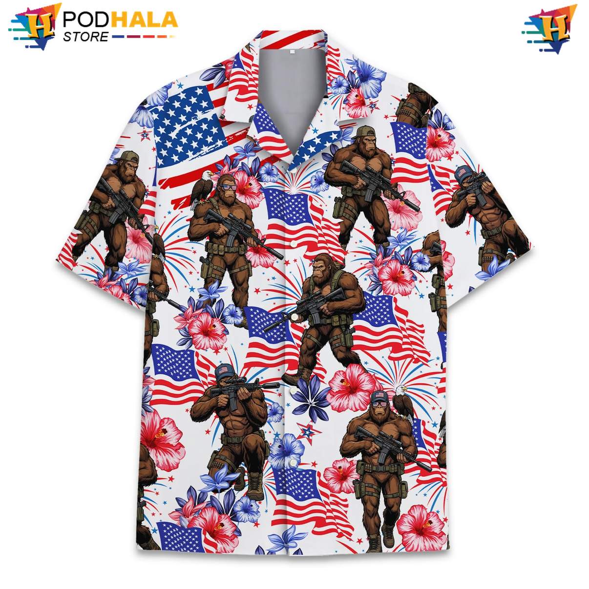 White Patriotic Bigfoot Tropical Shirt Mens Fourth Of July Summer Beachwear White Patriotic Bigfoot Tropical Shirt Mens Fourth Of July Summer Beachwear